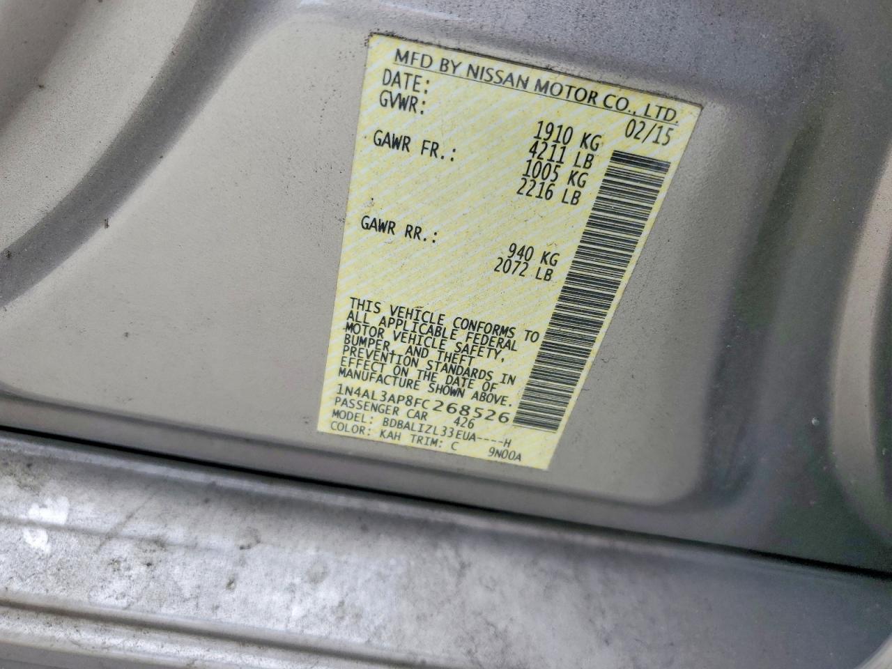 2015 Nissan Altima 2.5 Sv Silver vin: 1N4AL3AP8FC268526
