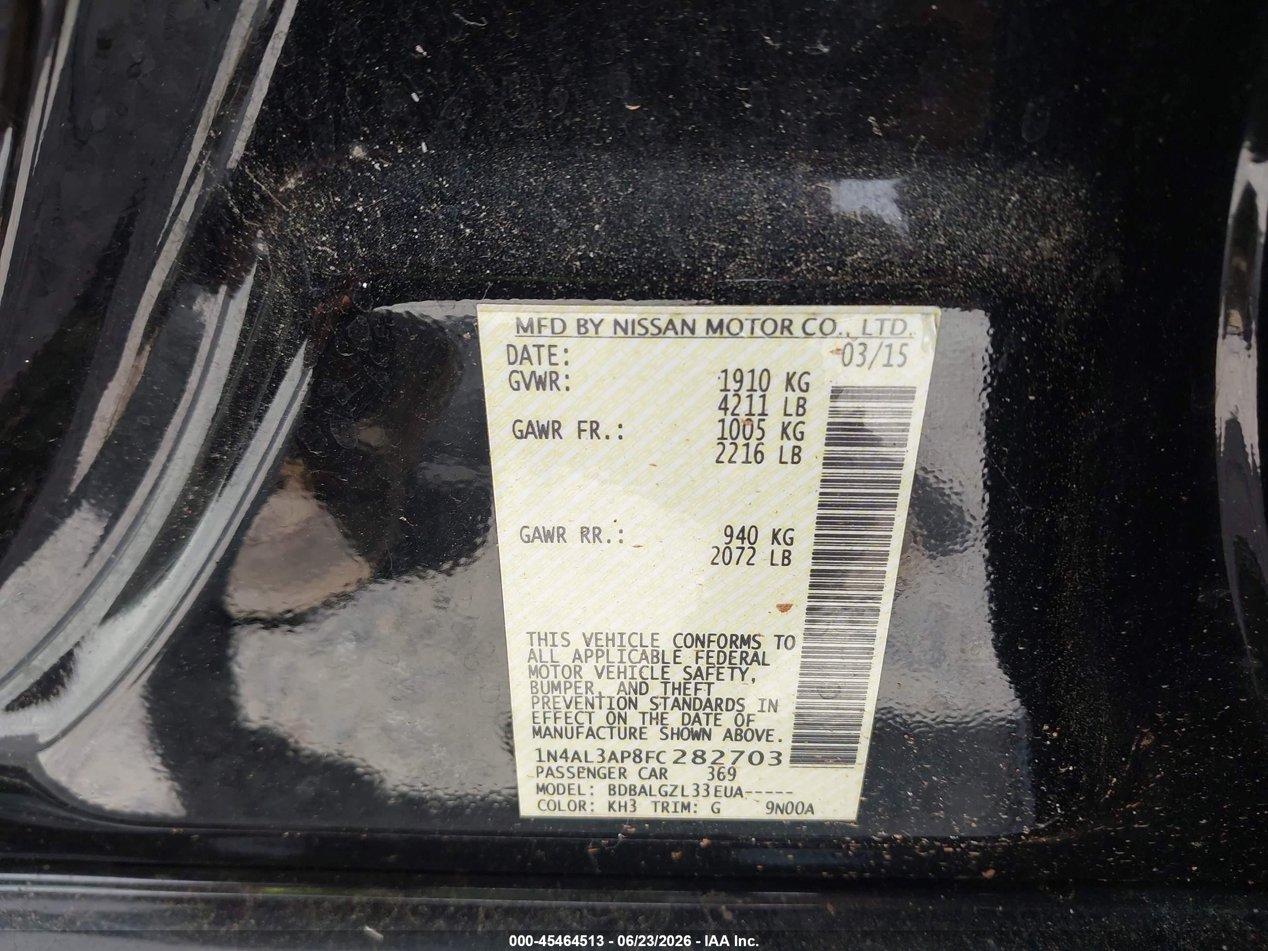 2015 Nissan Altima 2.5/2.5 S/2.5 Sl/2.5 Sv Black vin: 1N4AL3AP8FC282703