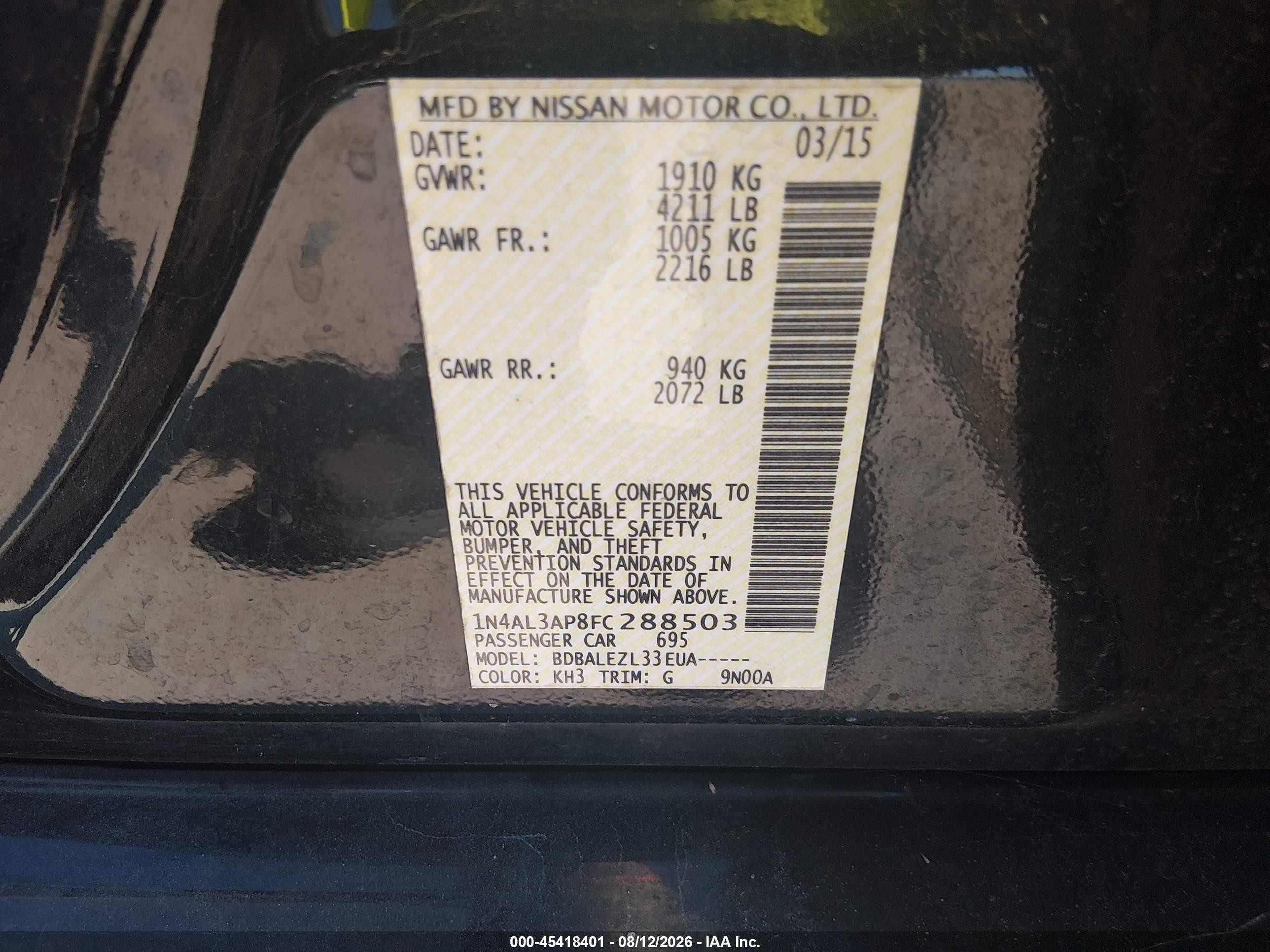 2015 Nissan Altima 2.5 S Black vin: 1N4AL3AP8FC288503