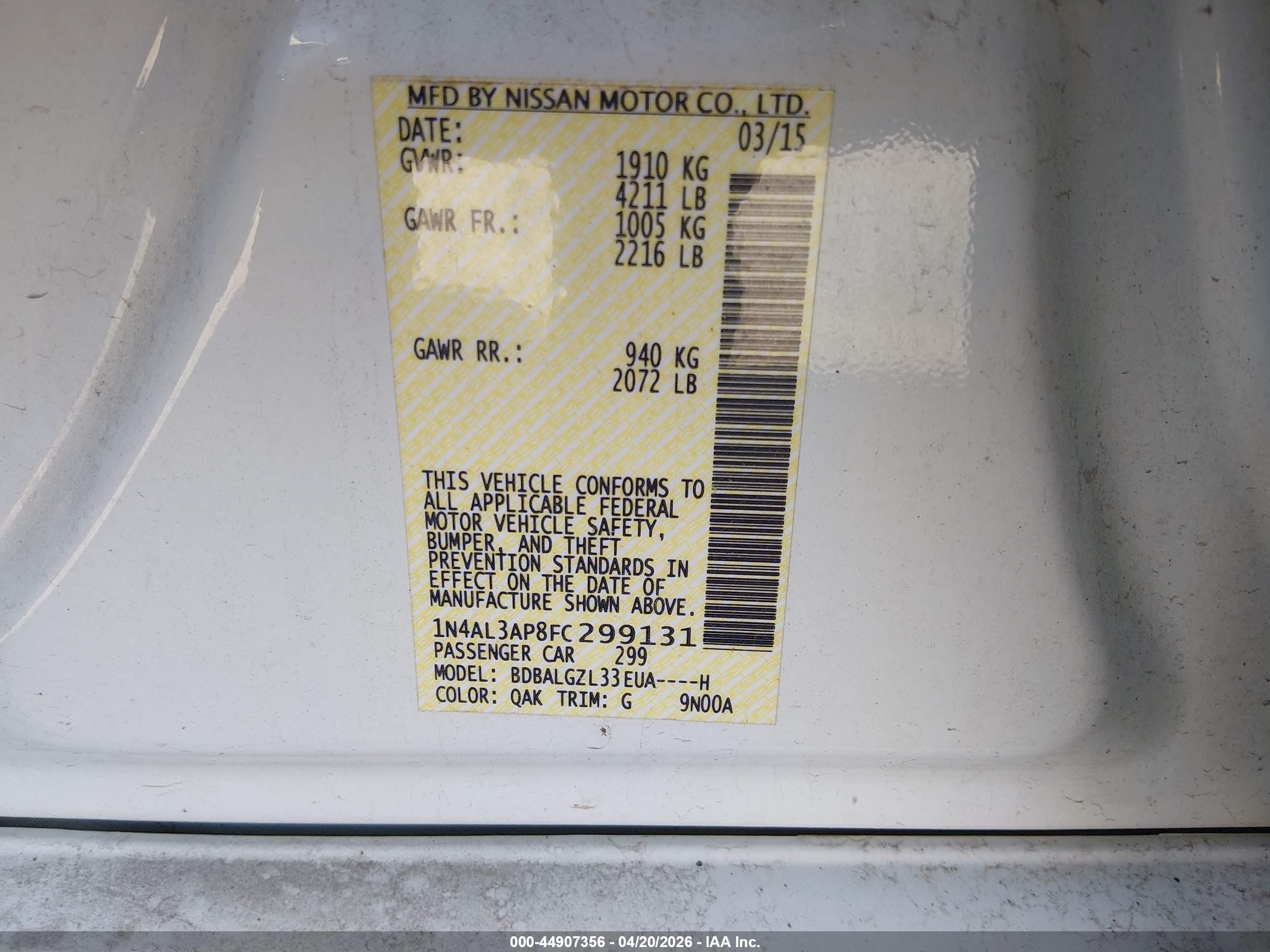 2015 Nissan Altima 2.5 S White vin: 1N4AL3AP8FC299131