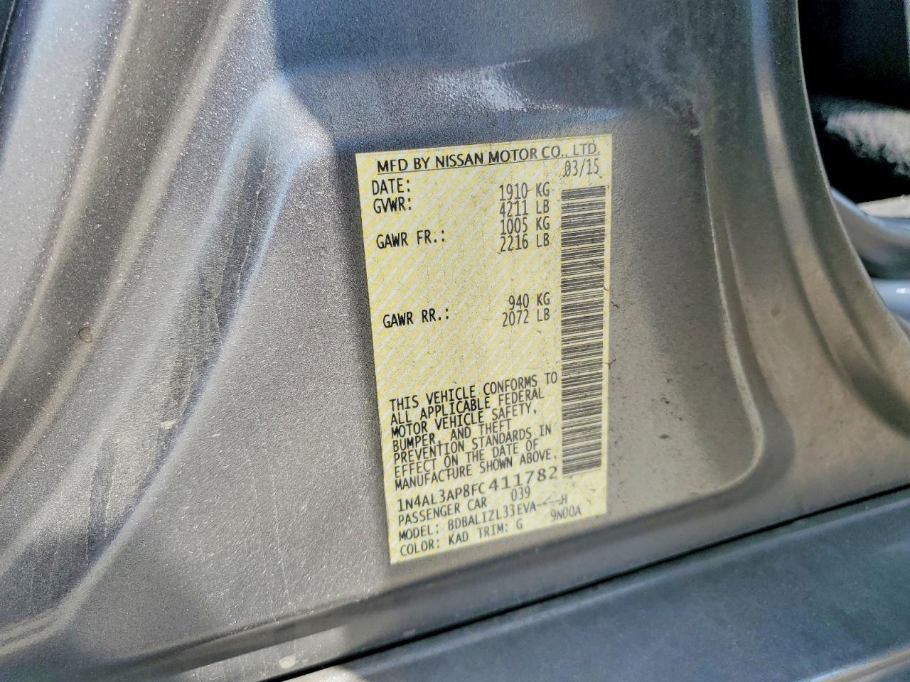 2015 Nissan Altima 2.5 Sv Gray vin: 1N4AL3AP8FC411782