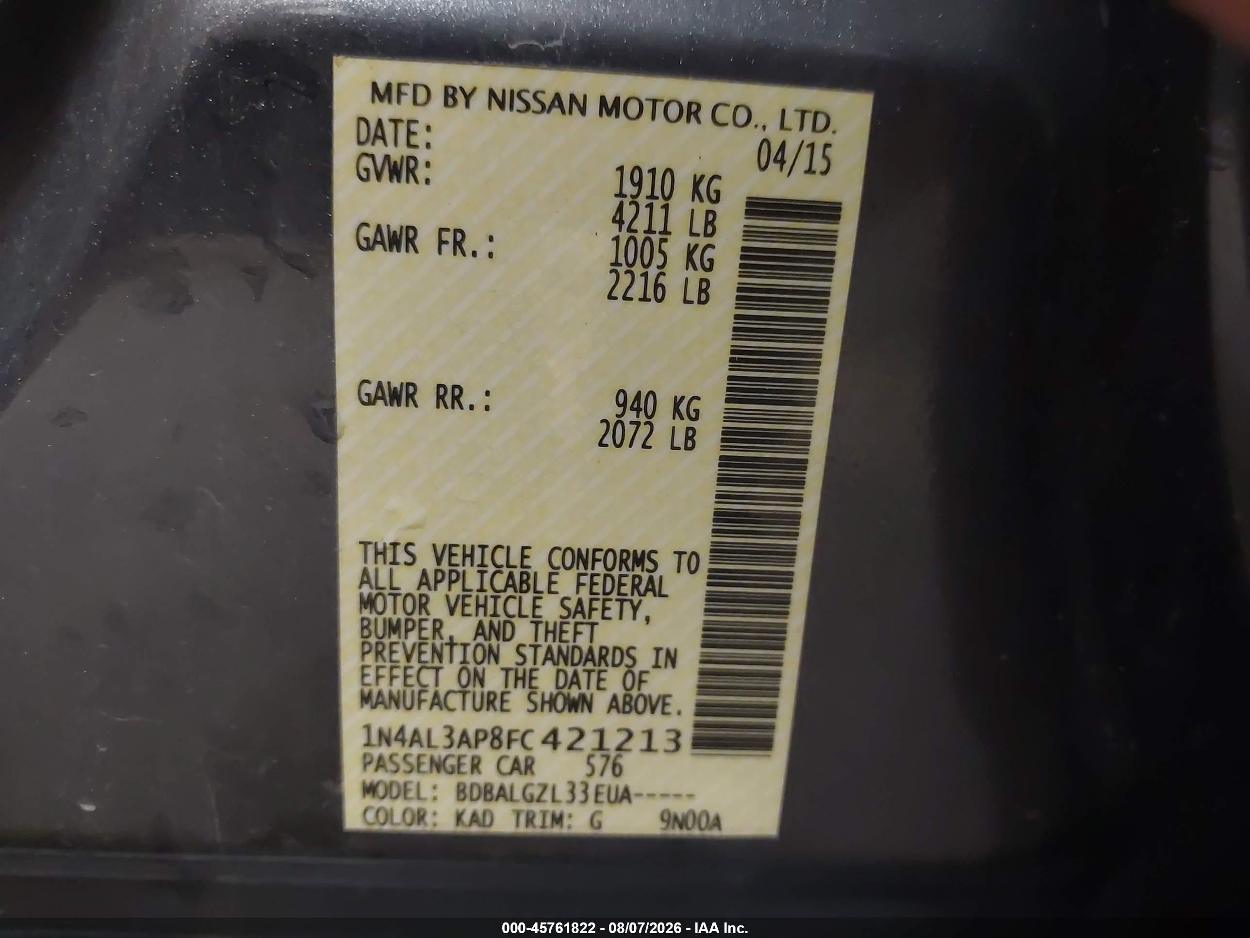 2015 Nissan Altima 2.5/2.5 S/2.5 Sl/2.5 Sv Gray vin: 1N4AL3AP8FC421213