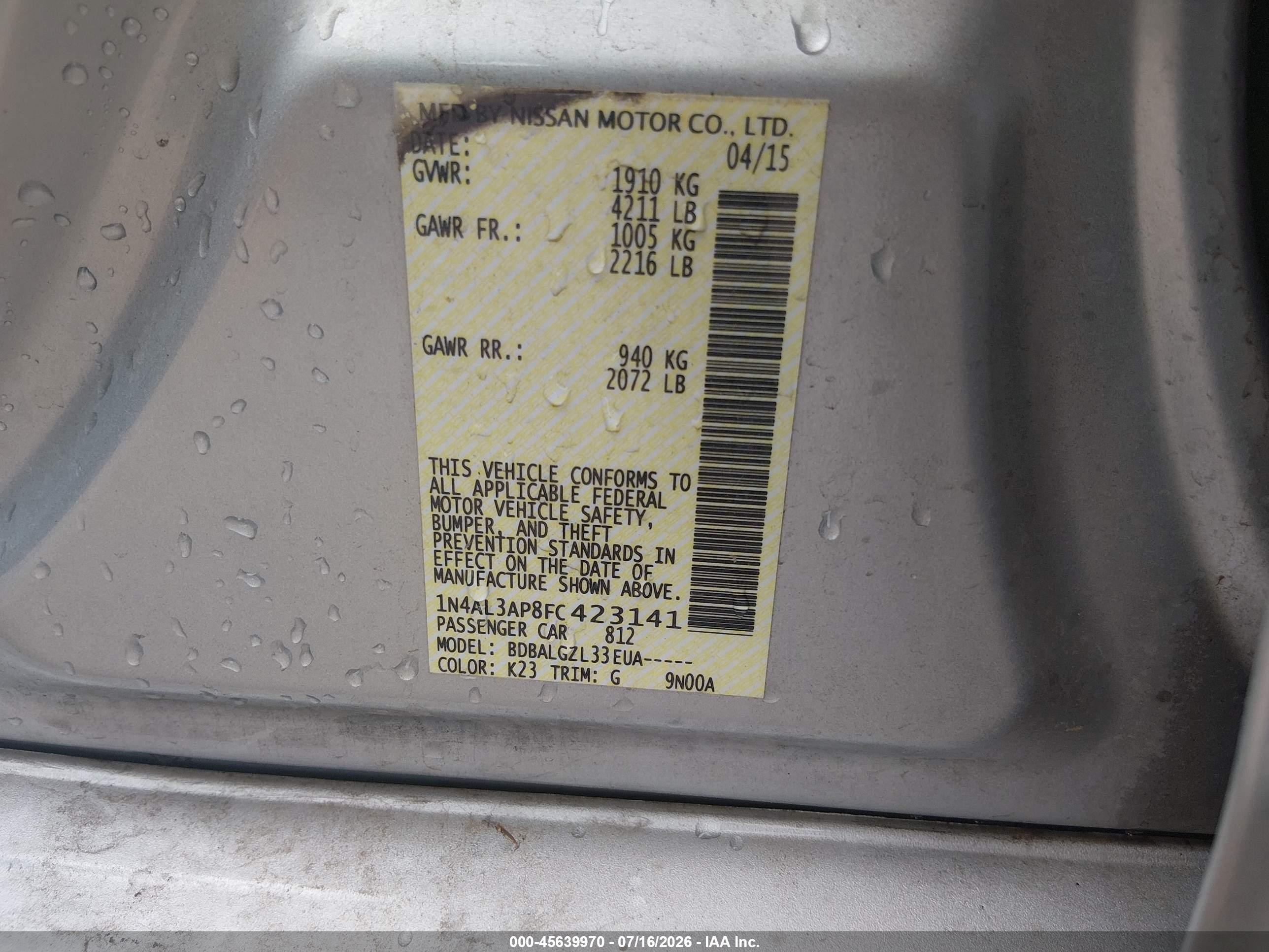 2015 Nissan Altima 2.5/2.5 S/2.5 Sl/2.5 Sv Silver vin: 1N4AL3AP8FC423141