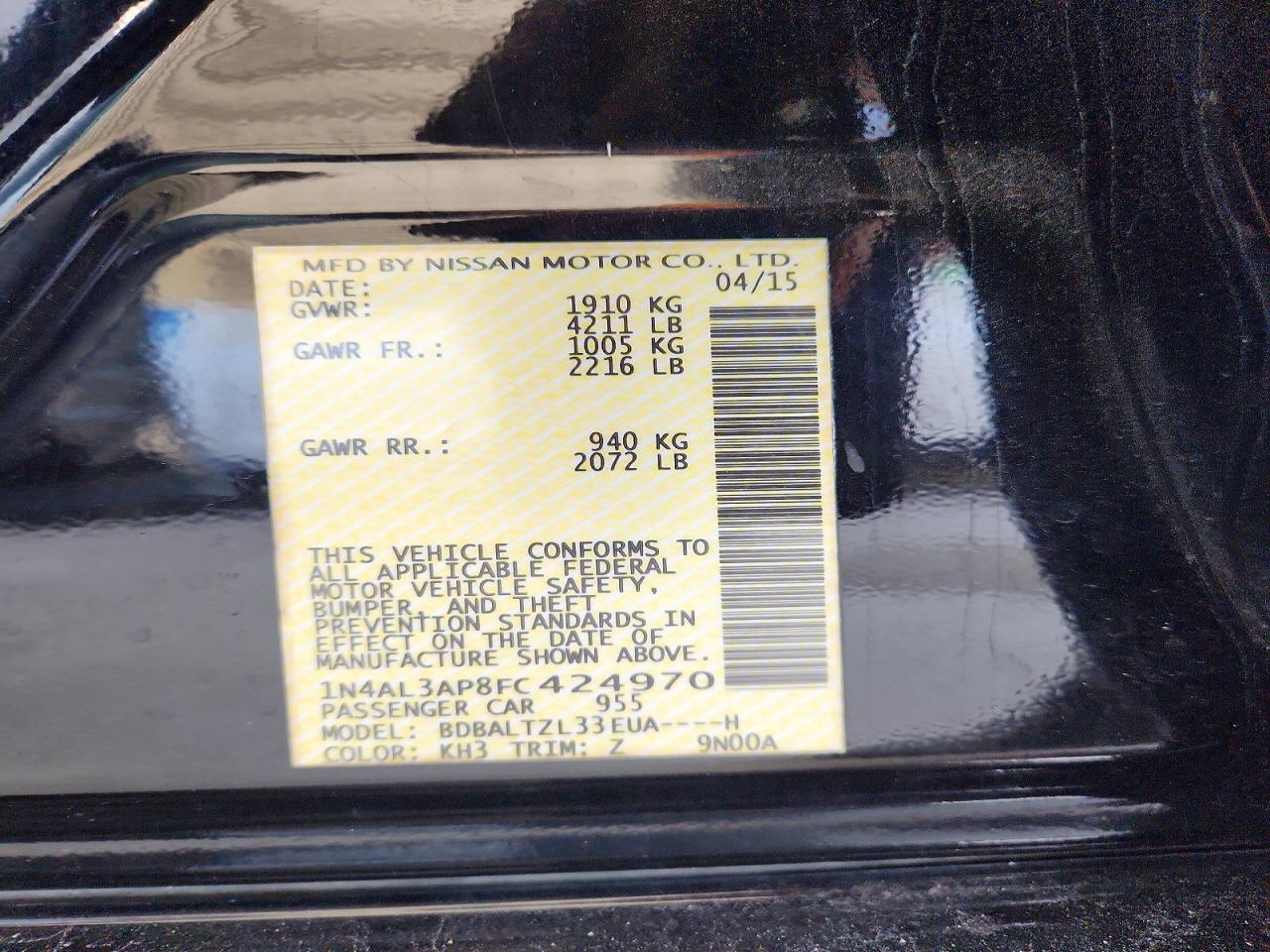 2015 Nissan Altima 2.5 Sl Черный vin: 1N4AL3AP8FC424970