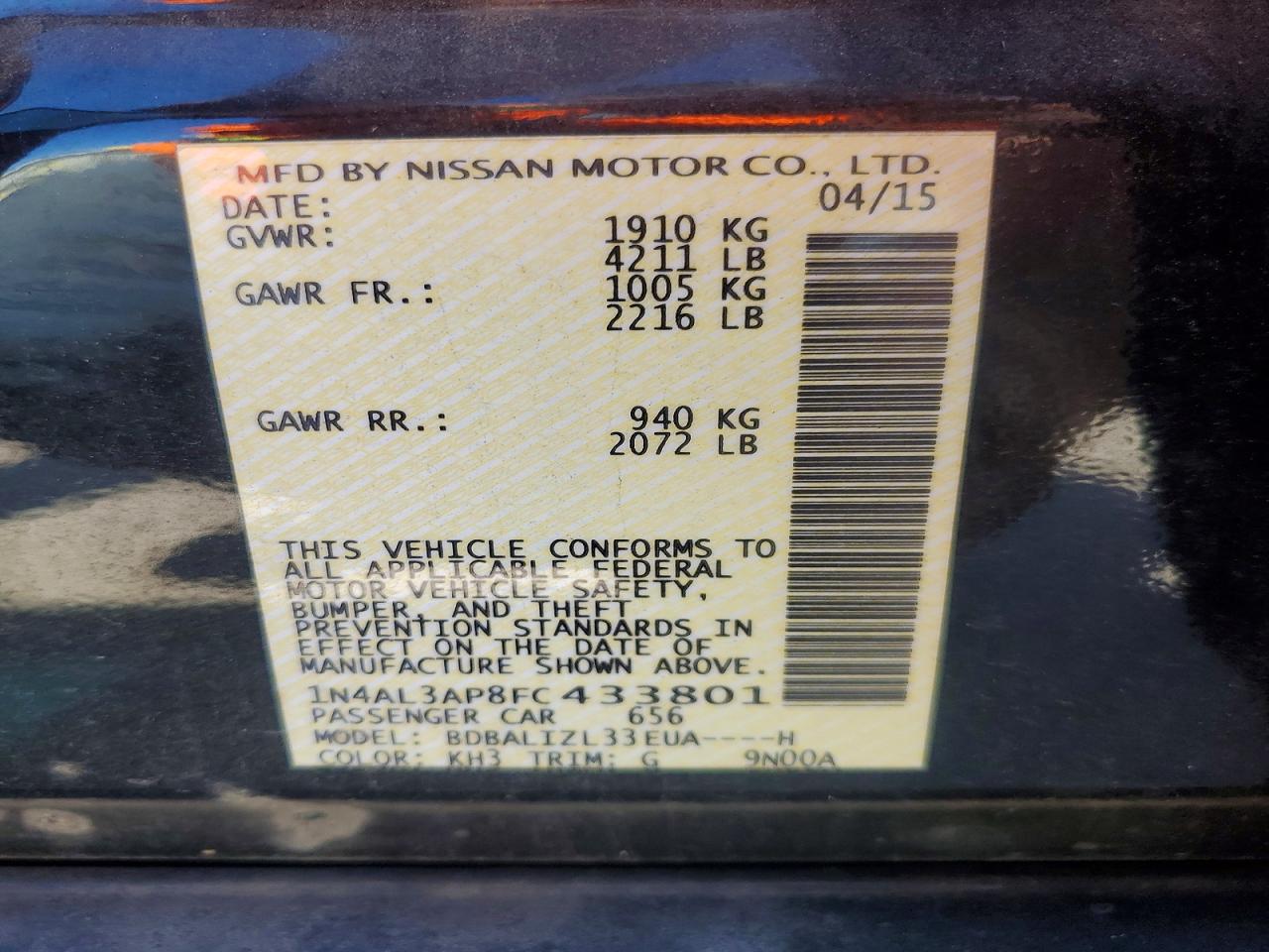 2015 Nissan Altima 2.5 Sv Black vin: 1N4AL3AP8FC433801