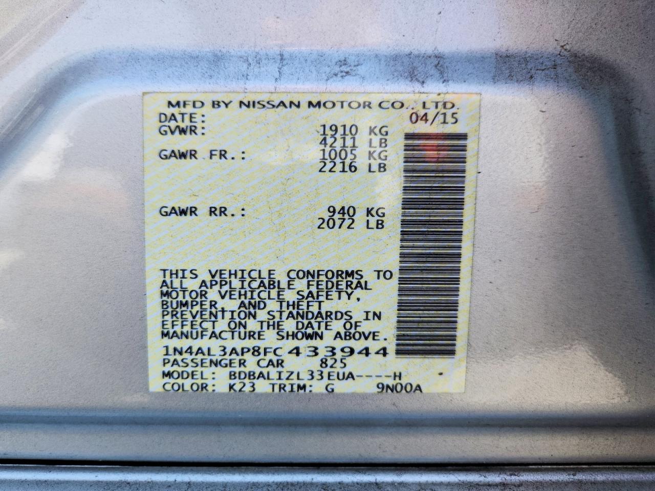 2015 Nissan Altima 2.5 Sv Silver vin: 1N4AL3AP8FC433944