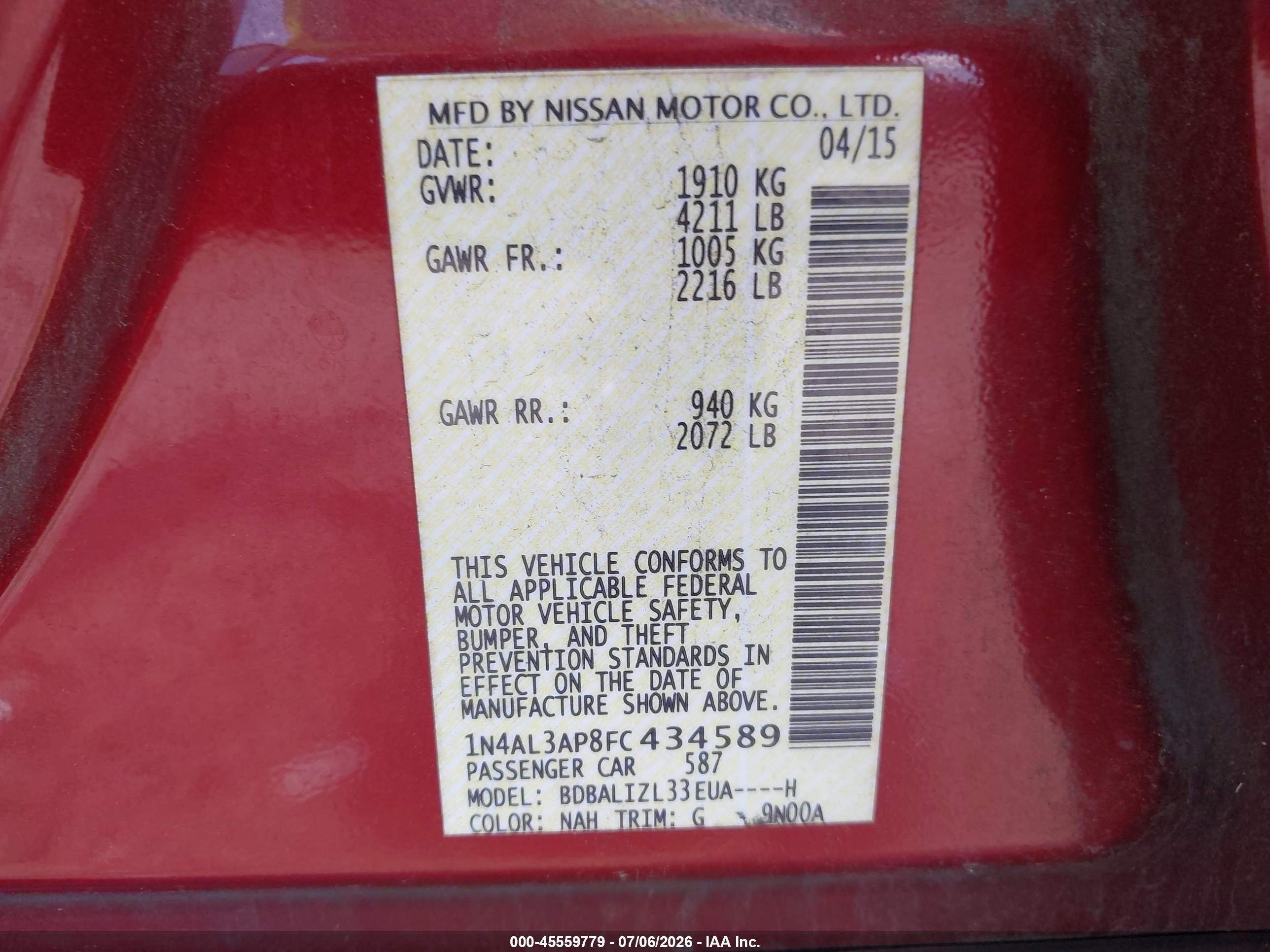 2015 Nissan Altima 2.5 Sv Red vin: 1N4AL3AP8FC434589