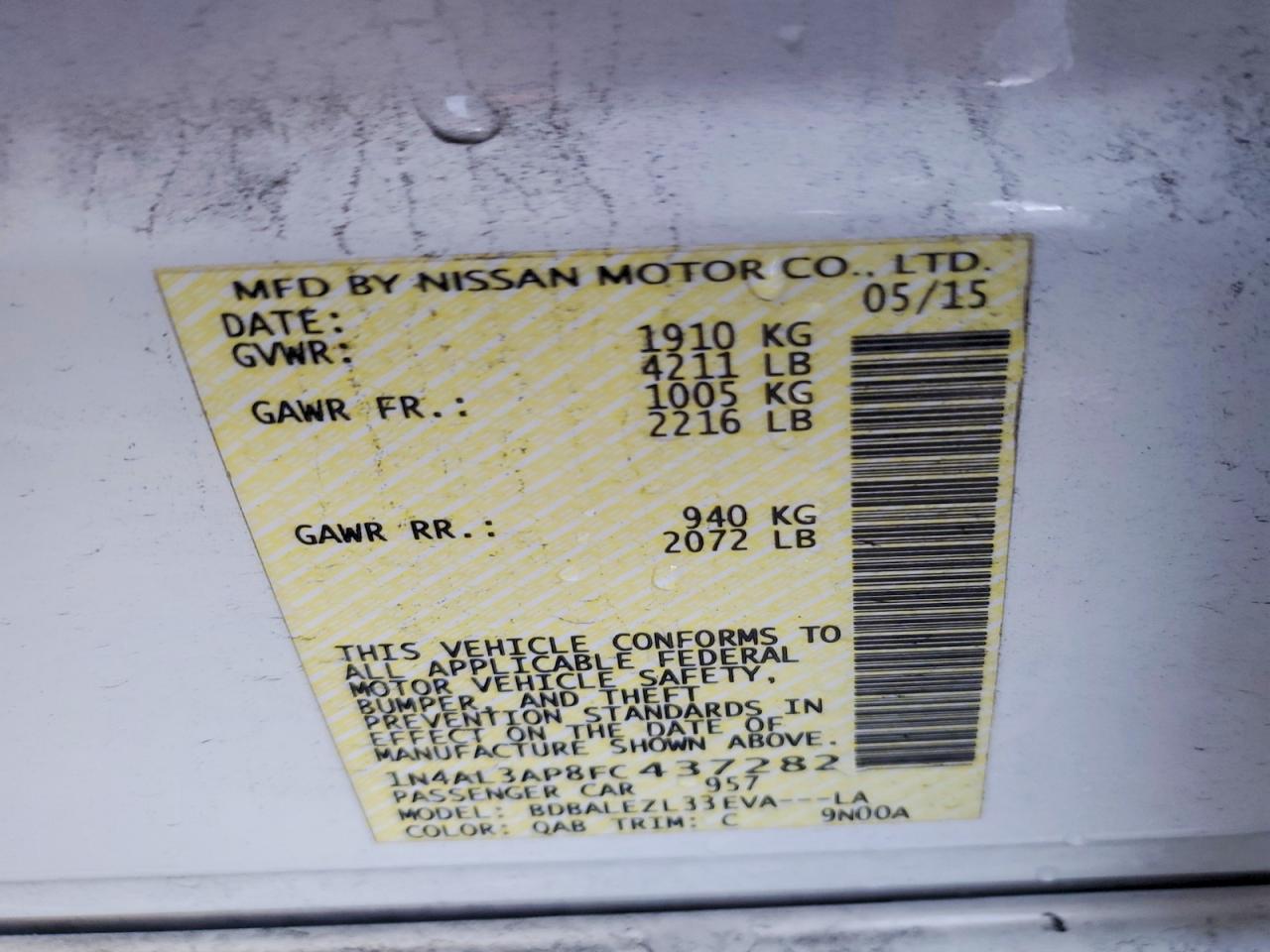 2015 Nissan Altima White vin: 1N4AL3AP8FC437282