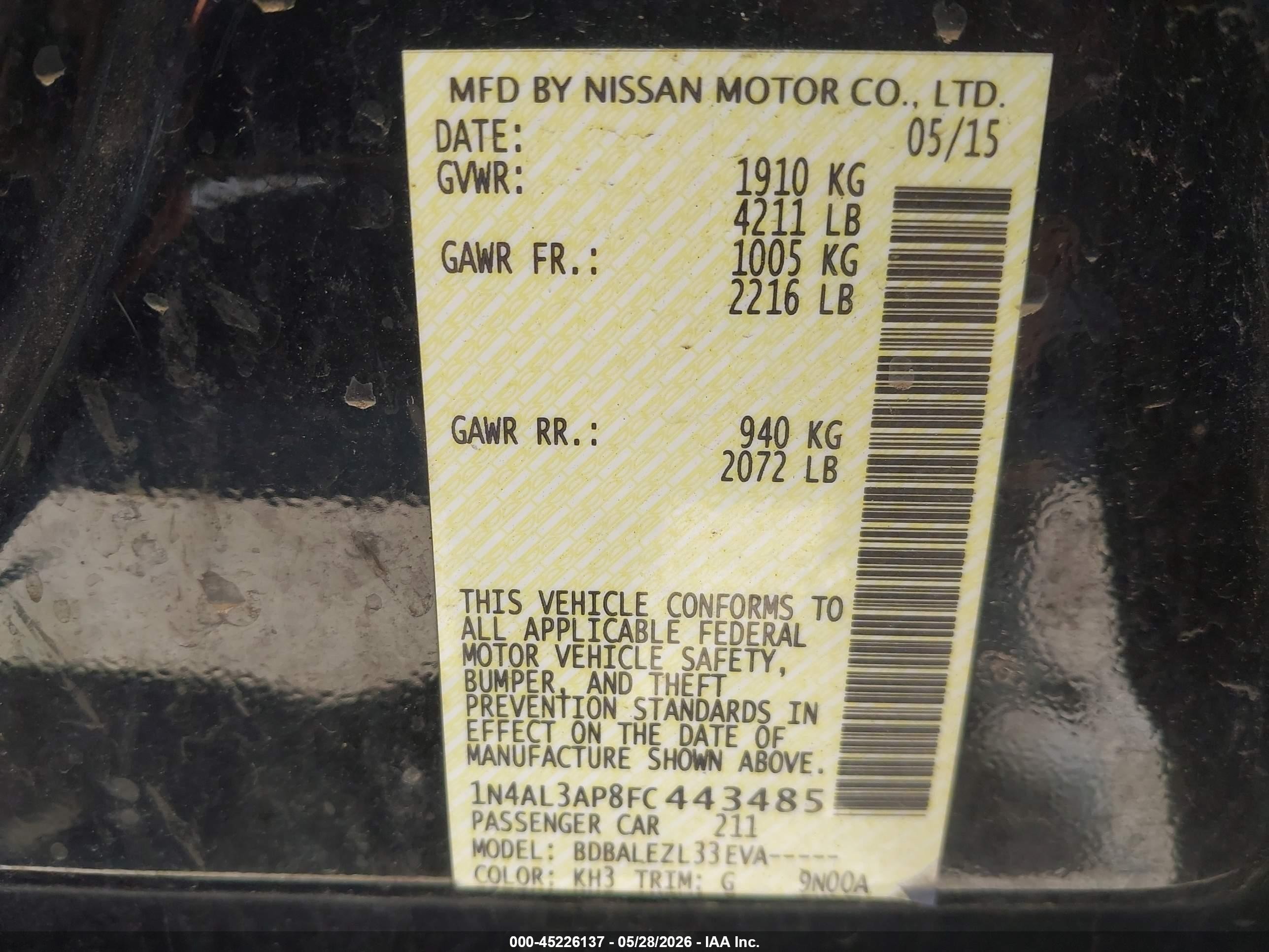 2015 Nissan Altima 2.5/2.5 S/2.5 Sl/2.5 Sv Black vin: 1N4AL3AP8FC443485