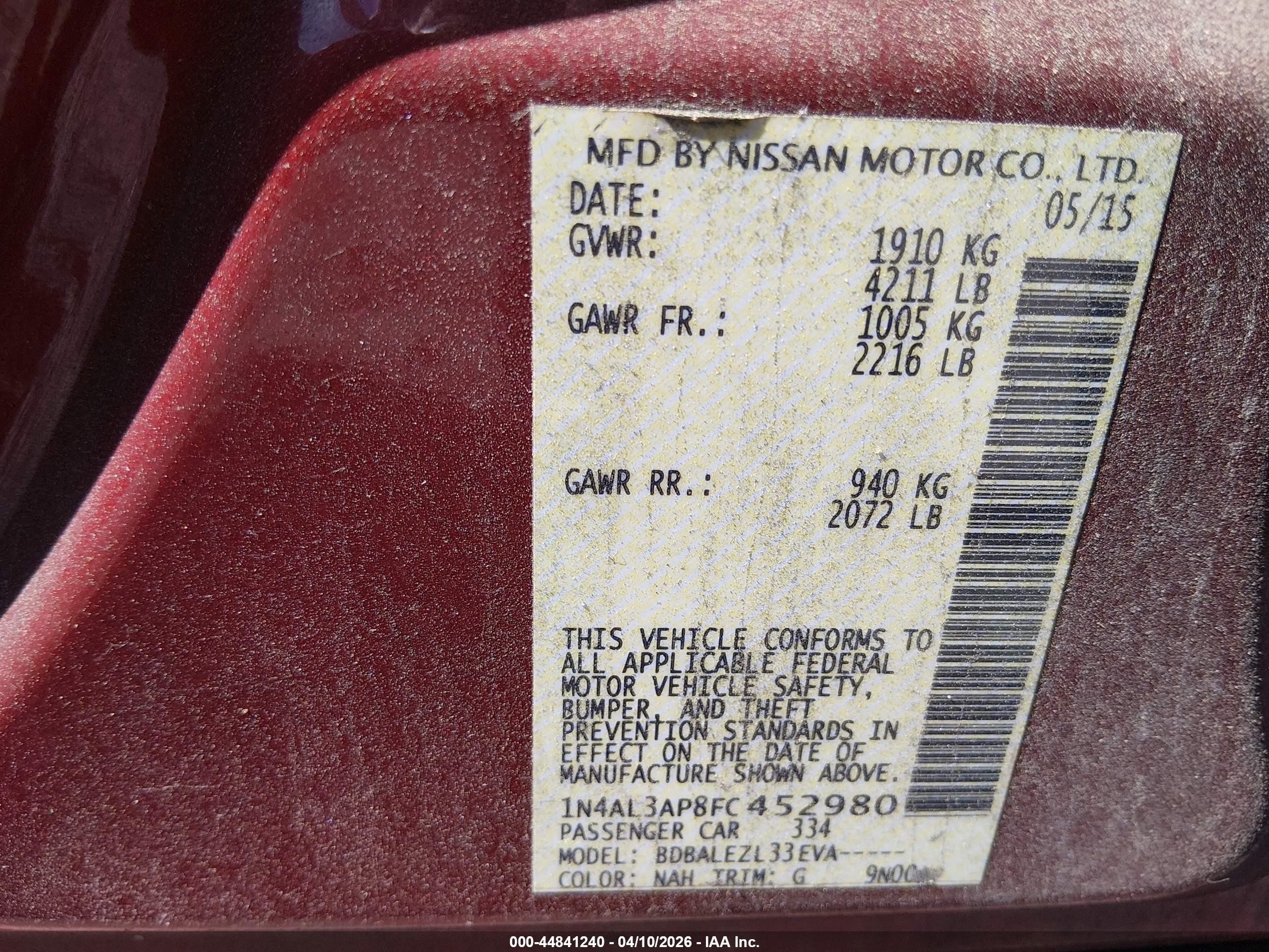 2015 Nissan Altima 2.5/2.5 S/2.5 Sl/2.5 Sv Red vin: 1N4AL3AP8FC452980