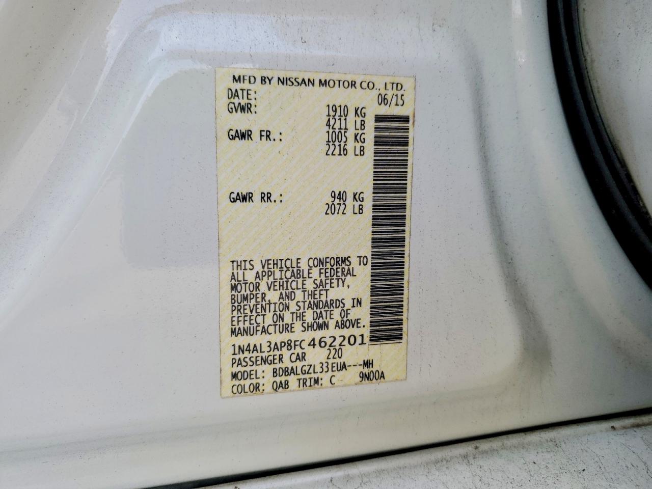 2015 Nissan Altima 2.5 S White vin: 1N4AL3AP8FC462201