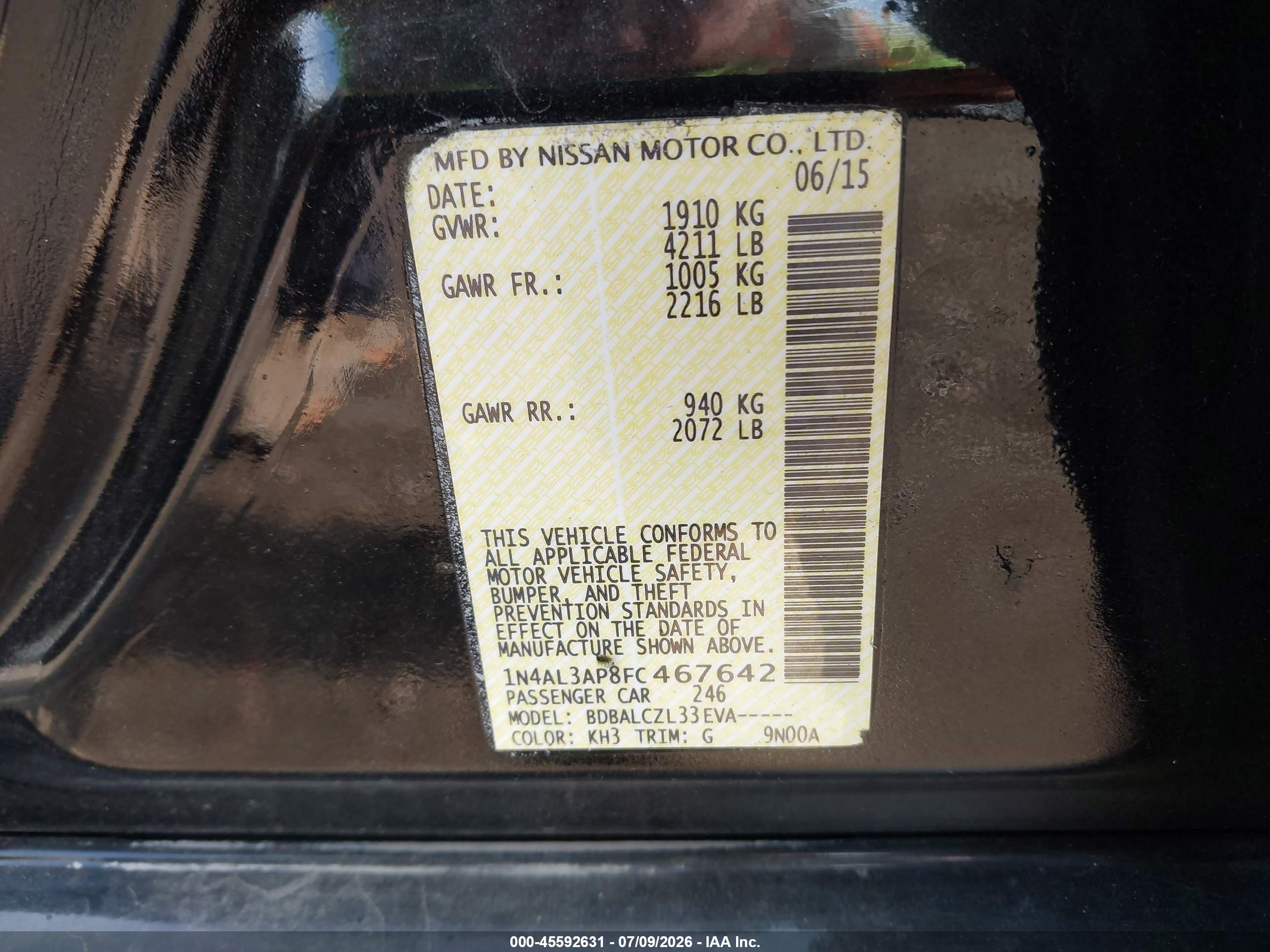 2015 Nissan Altima 2.5 S Черный vin: 1N4AL3AP8FC467642