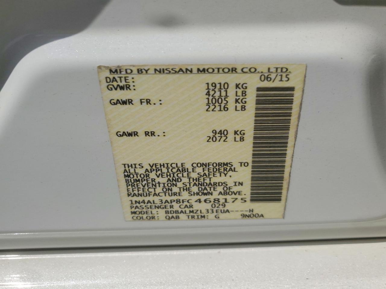 2015 Nissan Altima 2.5 Sv White vin: 1N4AL3AP8FC468175