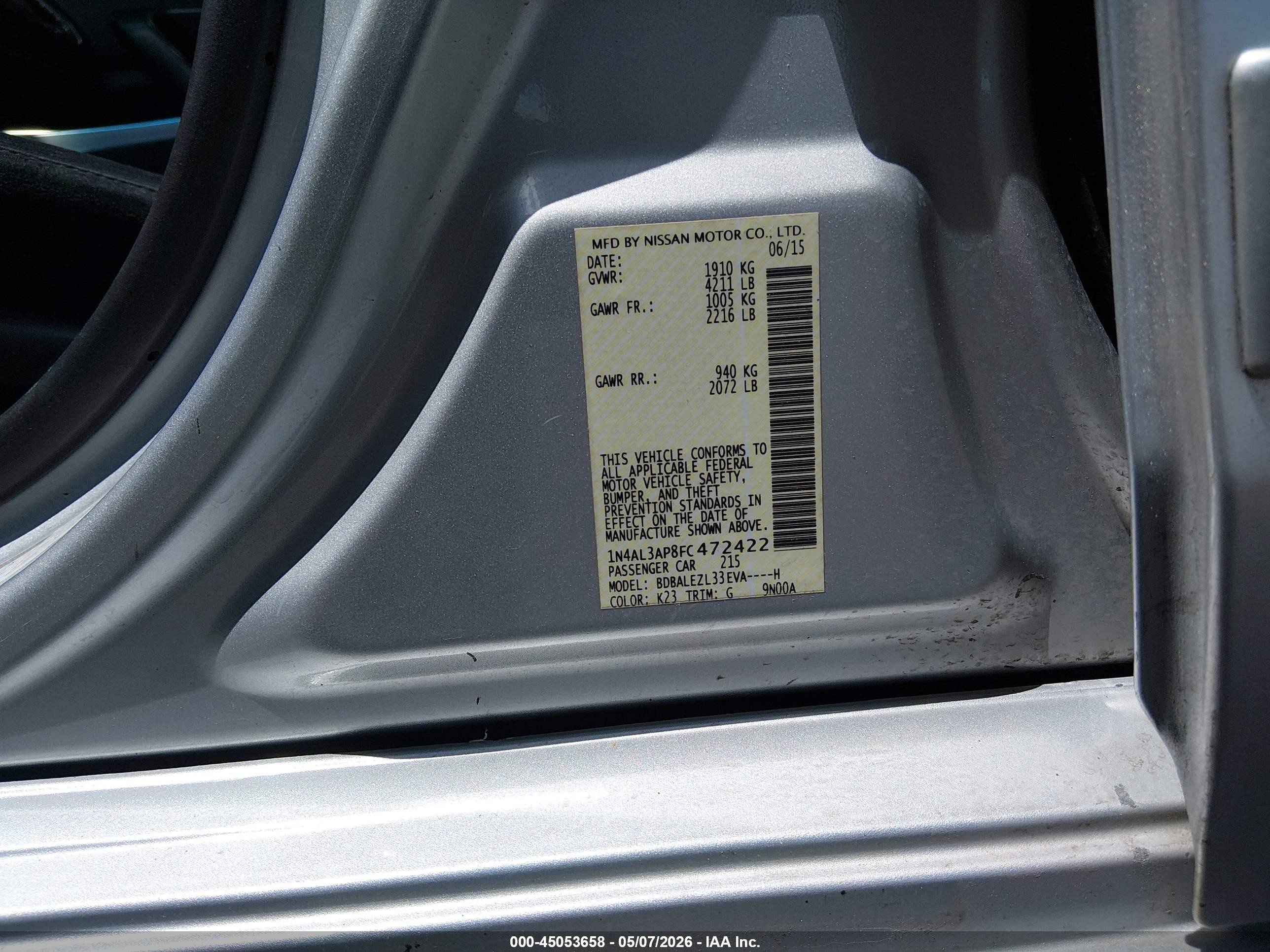 2015 Nissan Altima 2.5 S Gray vin: 1N4AL3AP8FC472422