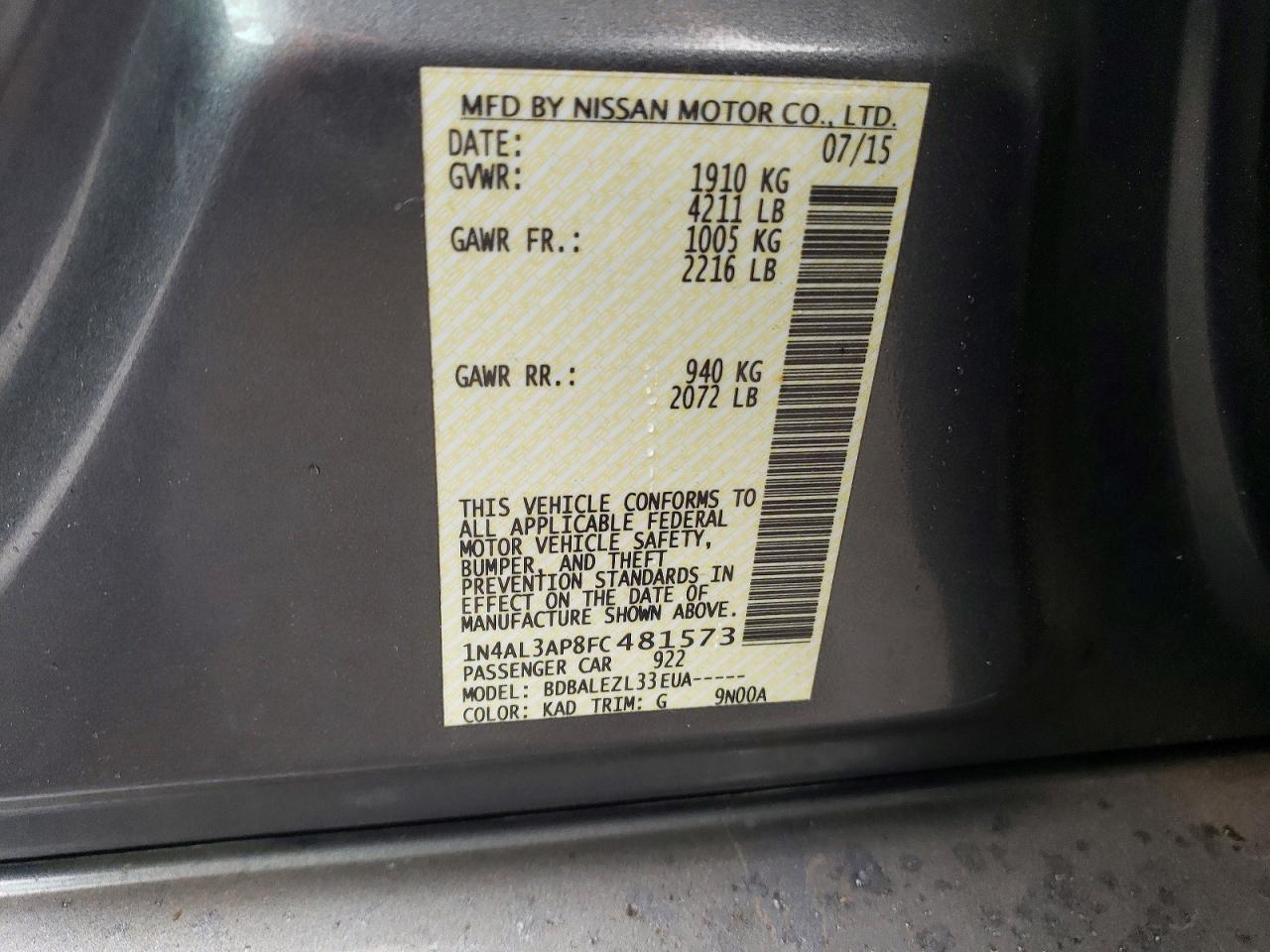 2015 Nissan Altima 2.5 S Gray vin: 1N4AL3AP8FC481573