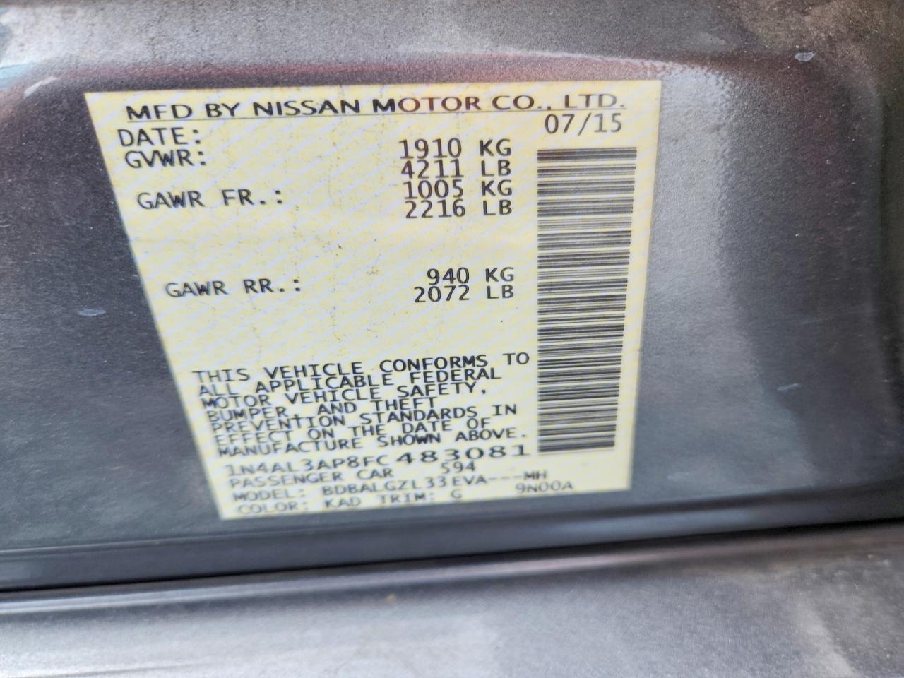2015 Nissan Altima 2.5 S Gray vin: 1N4AL3AP8FC483081