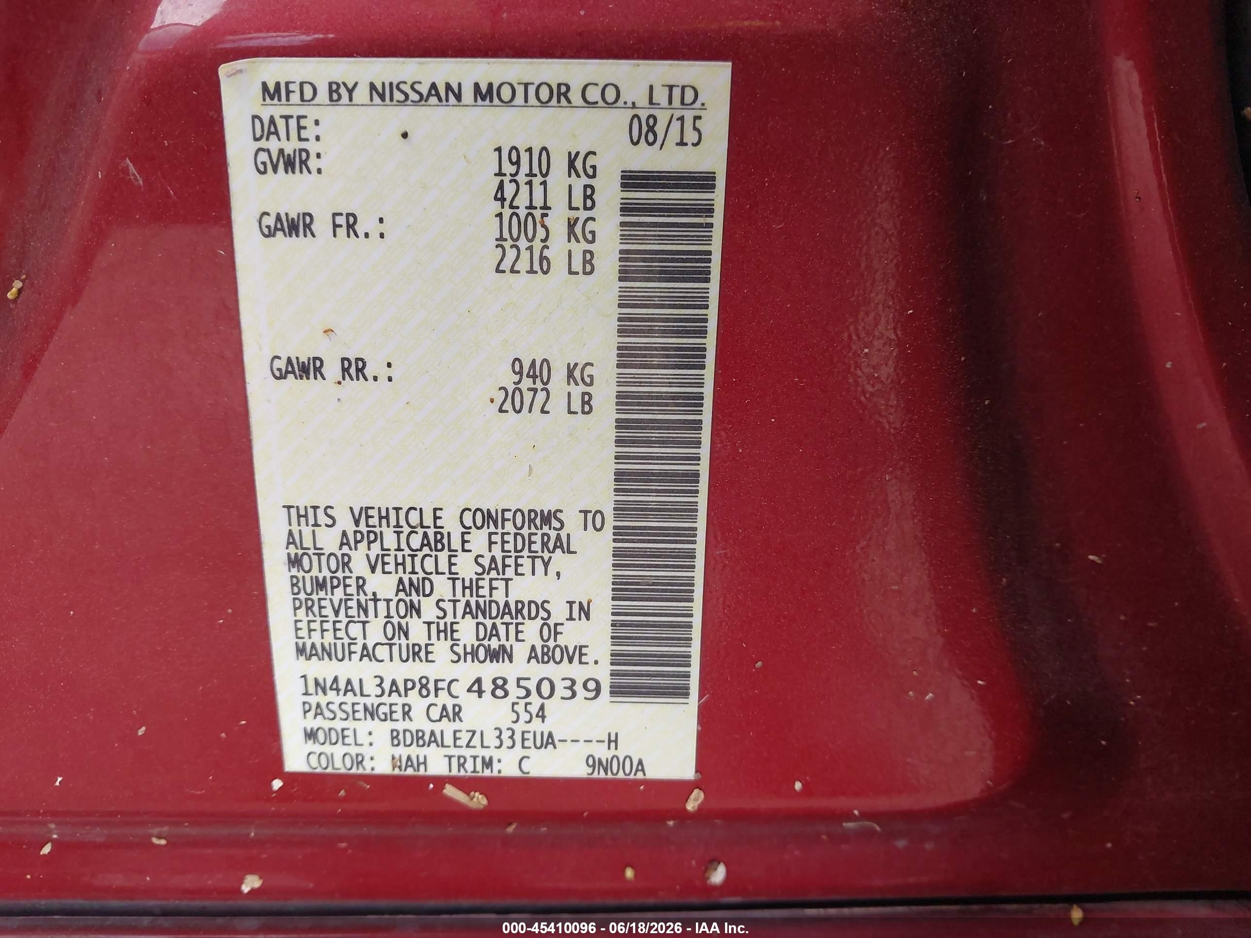 2015 Nissan Altima 2.5 S Maroon vin: 1N4AL3AP8FC485039
