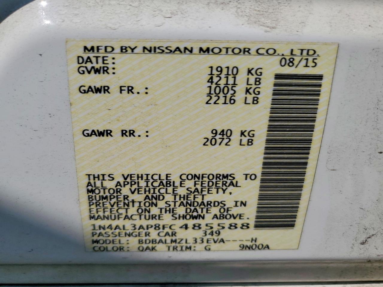 2015 Nissan Altima 2.5 Sv White vin: 1N4AL3AP8FC485588