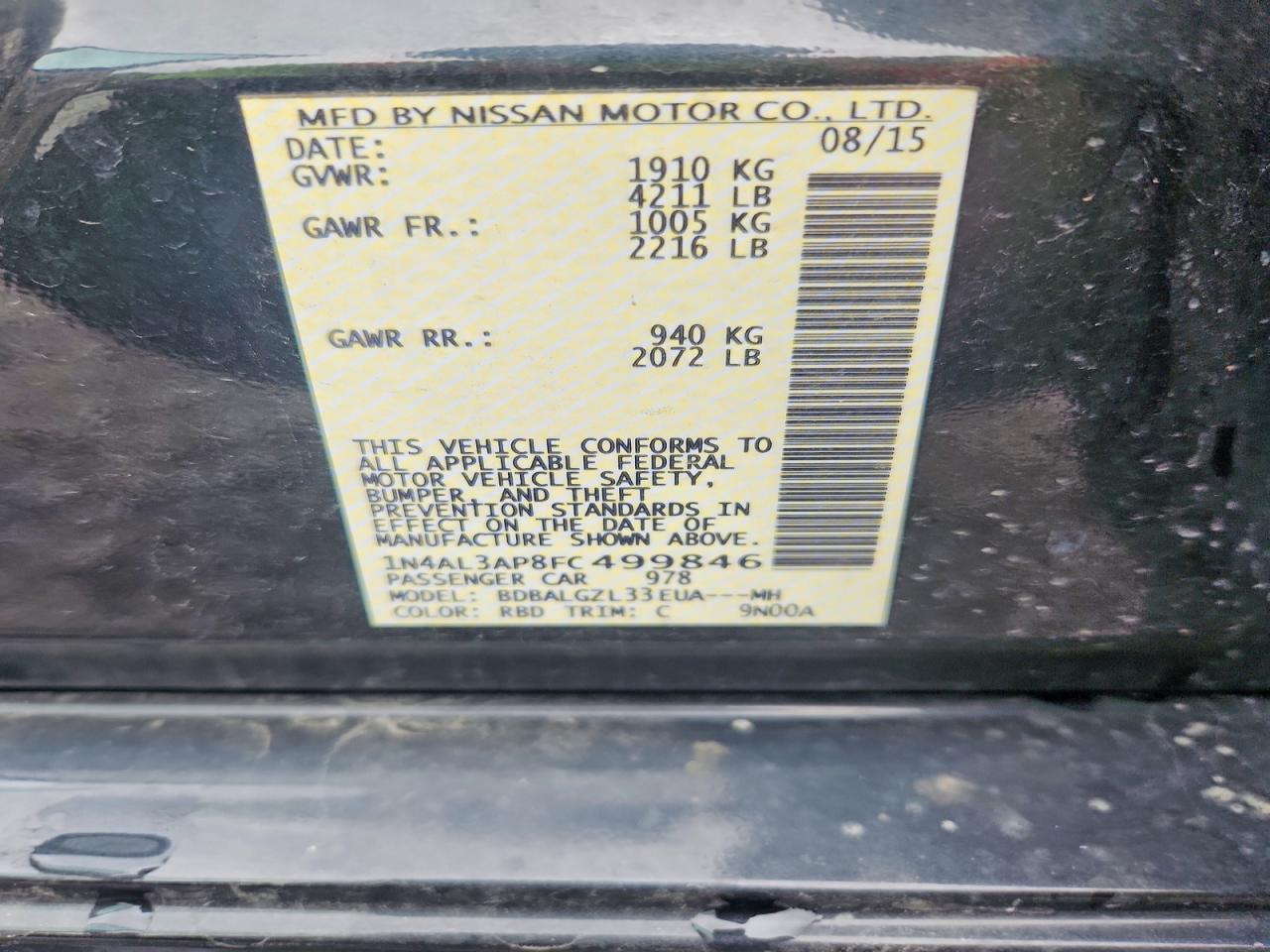 2015 Nissan Altima 2.5 S Charcoal vin: 1N4AL3AP8FC499846