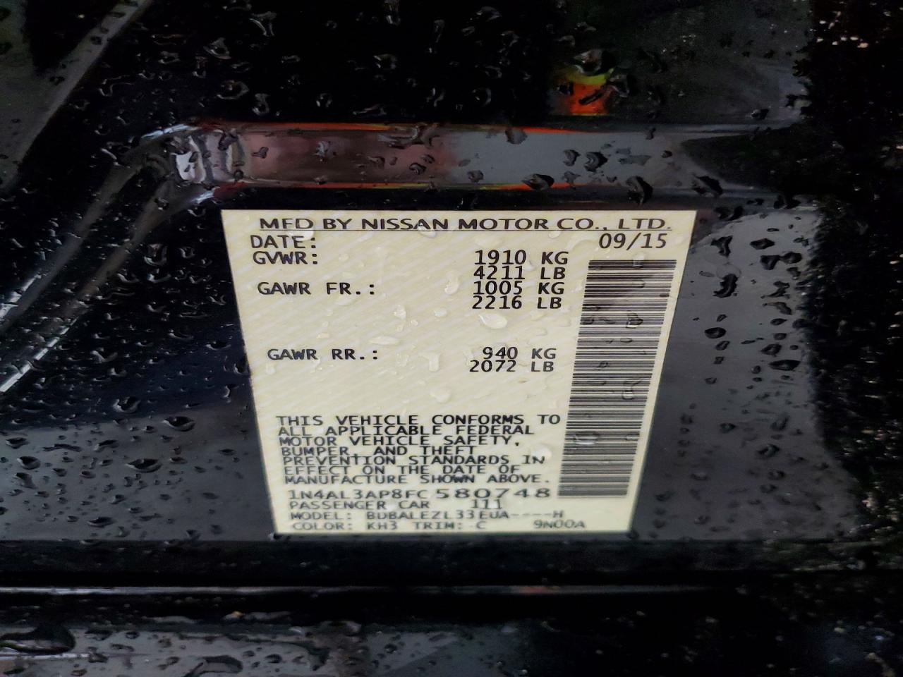 2015 Nissan Altima 2.5 S Black vin: 1N4AL3AP8FC580748