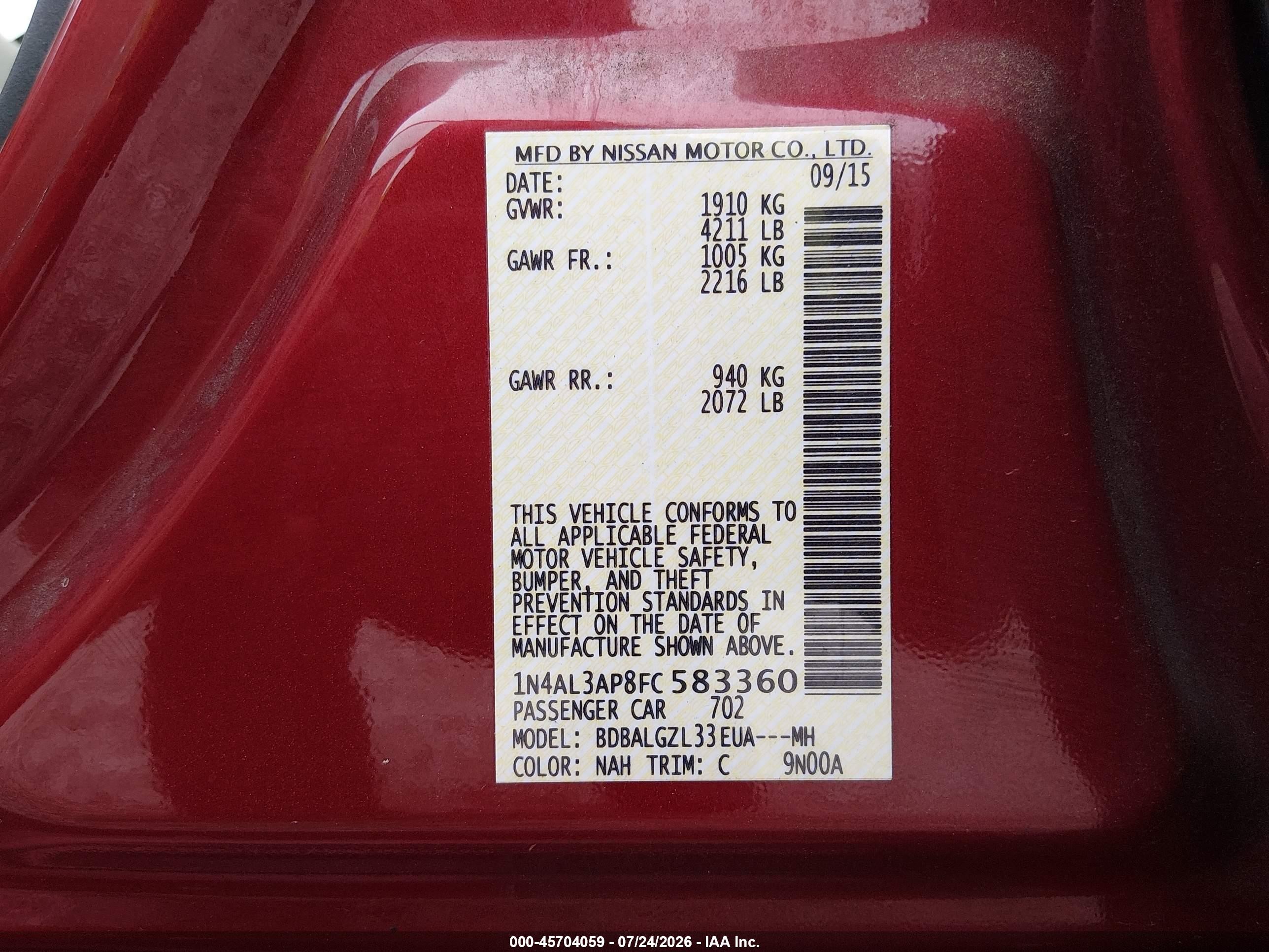 2015 Nissan Altima 2.5 S Red vin: 1N4AL3AP8FC583360