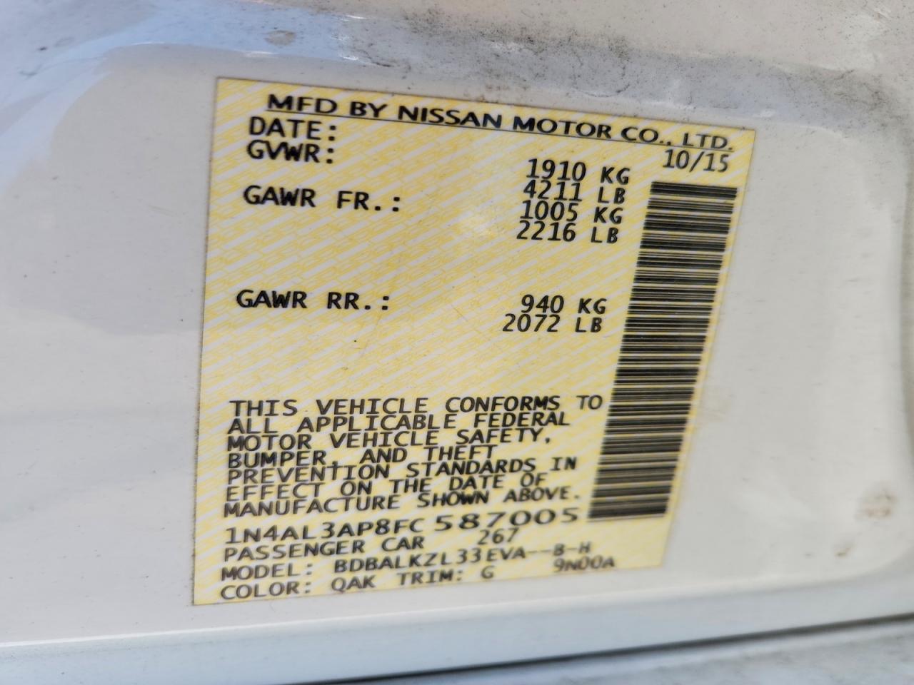 2015 Nissan Altima 2.5 Sv White vin: 1N4AL3AP8FC587005