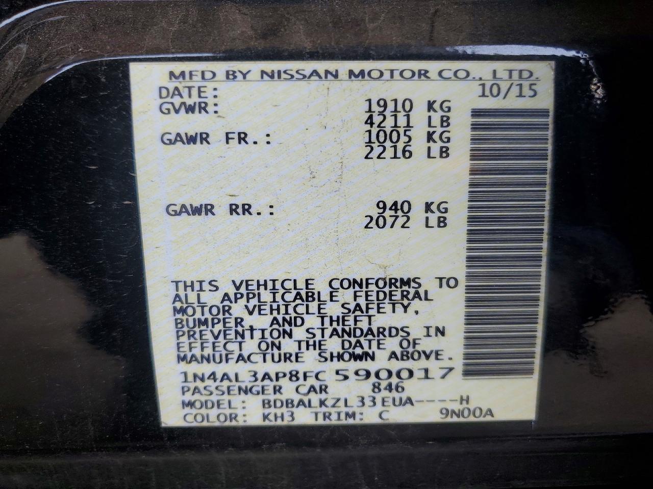 2015 Nissan Altima 2.5 Sv Black vin: 1N4AL3AP8FC590017