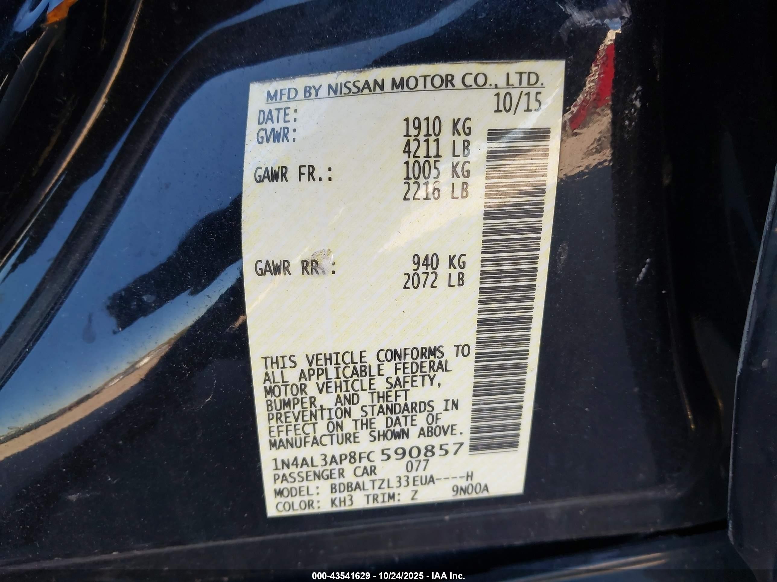 2015 Nissan Altima 2.5 Sl Black vin: 1N4AL3AP8FC590857