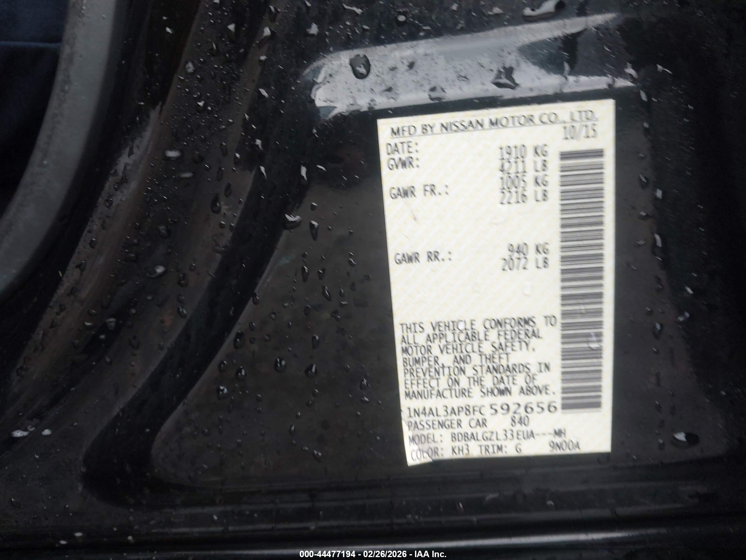 2015 Nissan Altima 2.5 S Black vin: 1N4AL3AP8FC592656