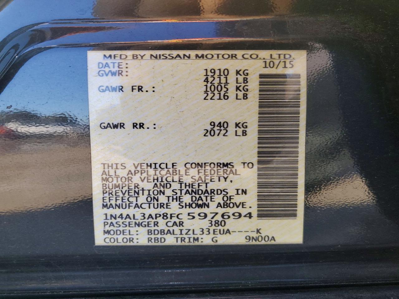 2015 Nissan Altima 2.5 Sv Charcoal vin: 1N4AL3AP8FC597694