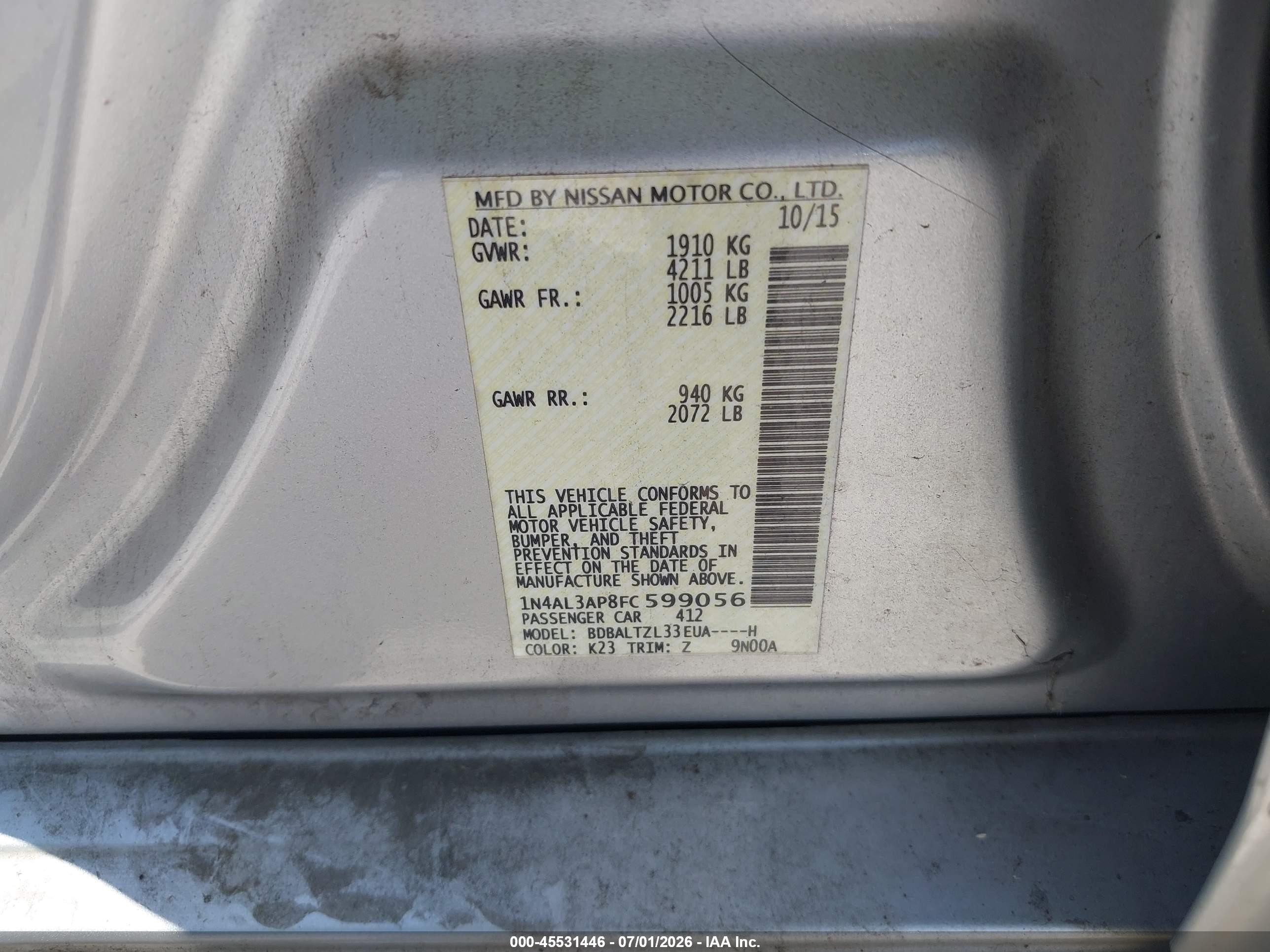2015 Nissan Altima 2.5 Sl Silver vin: 1N4AL3AP8FC599056
