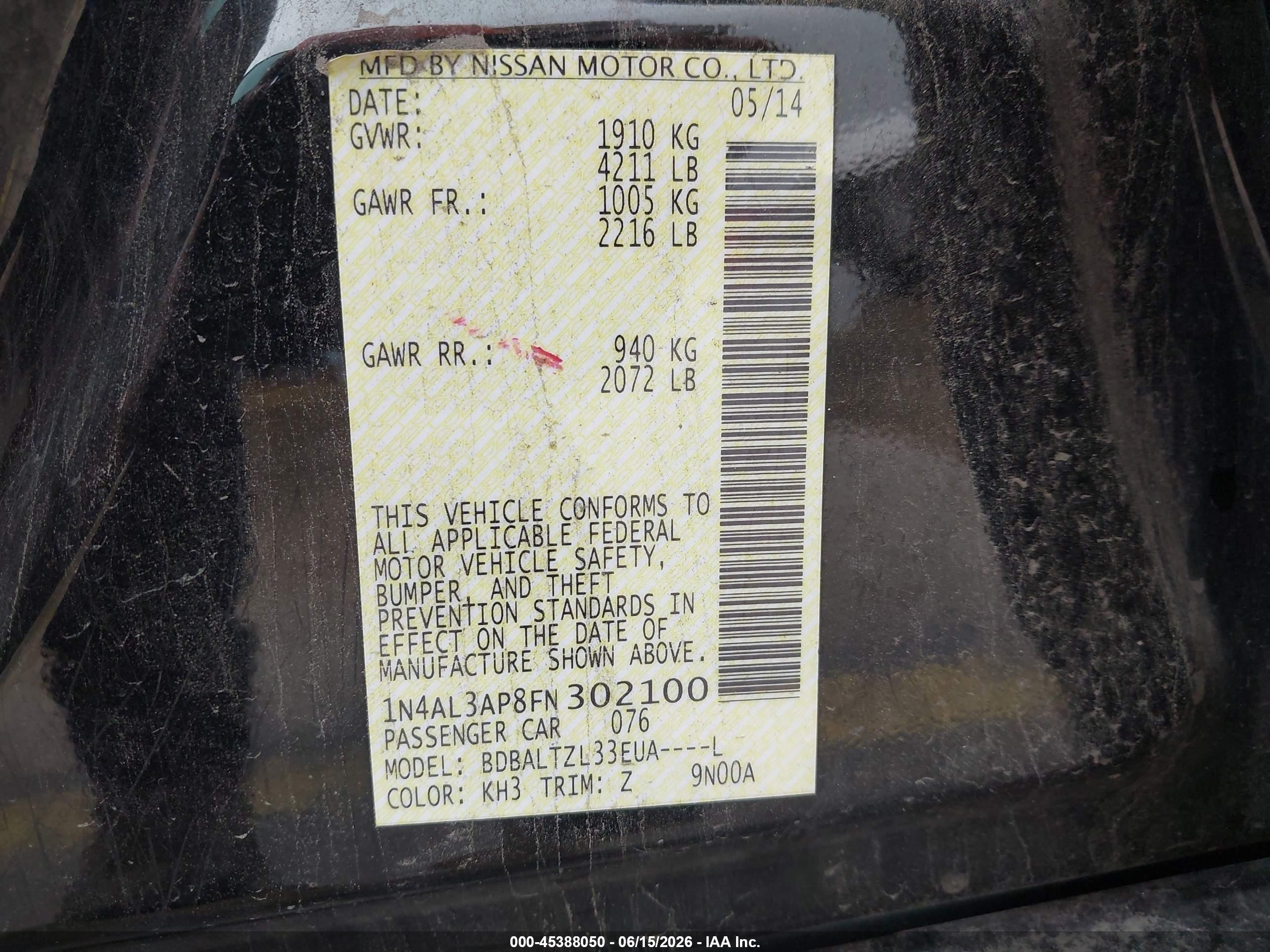 2015 Nissan Altima 2.5 Sl Black vin: 1N4AL3AP8FN302100