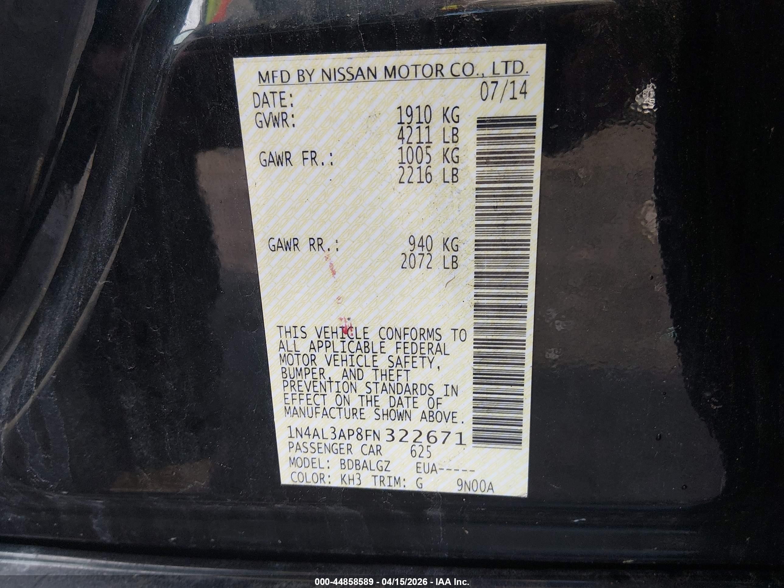 2015 Nissan Altima 2.5/2.5 S/2.5 Sl/2.5 Sv Black vin: 1N4AL3AP8FN322671