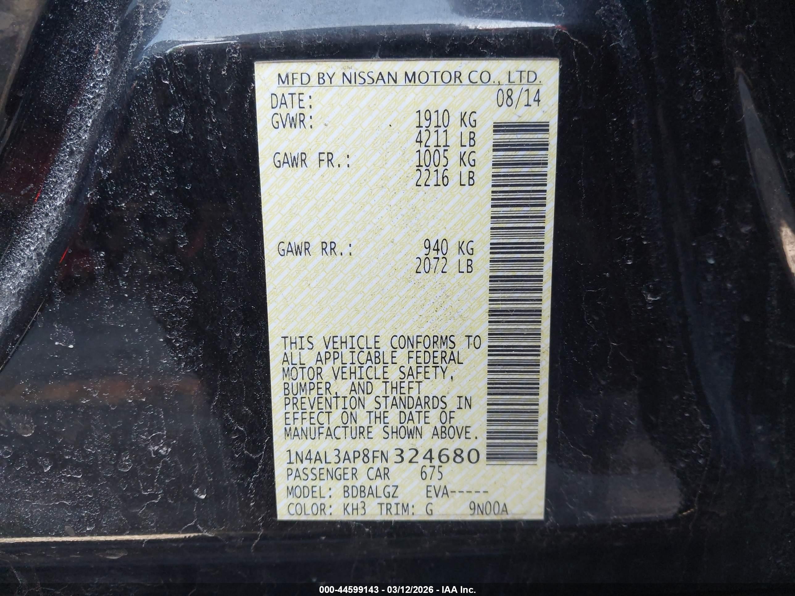 2015 Nissan Altima 2.5/2.5 S/2.5 Sl/2.5 Sv Black vin: 1N4AL3AP8FN324680