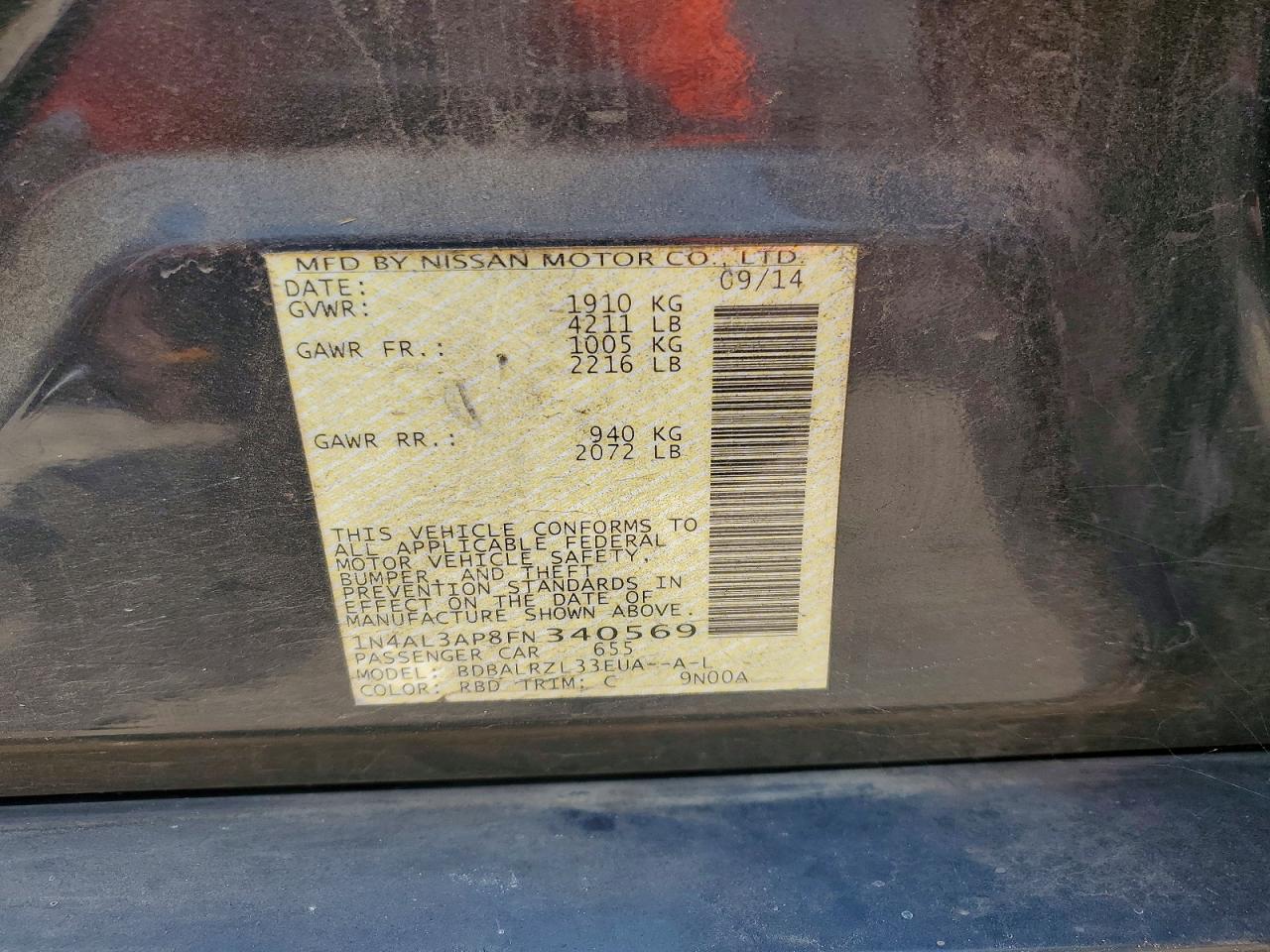 2015 Nissan Altima 2.5 Sl Угольный vin: 1N4AL3AP8FN340569