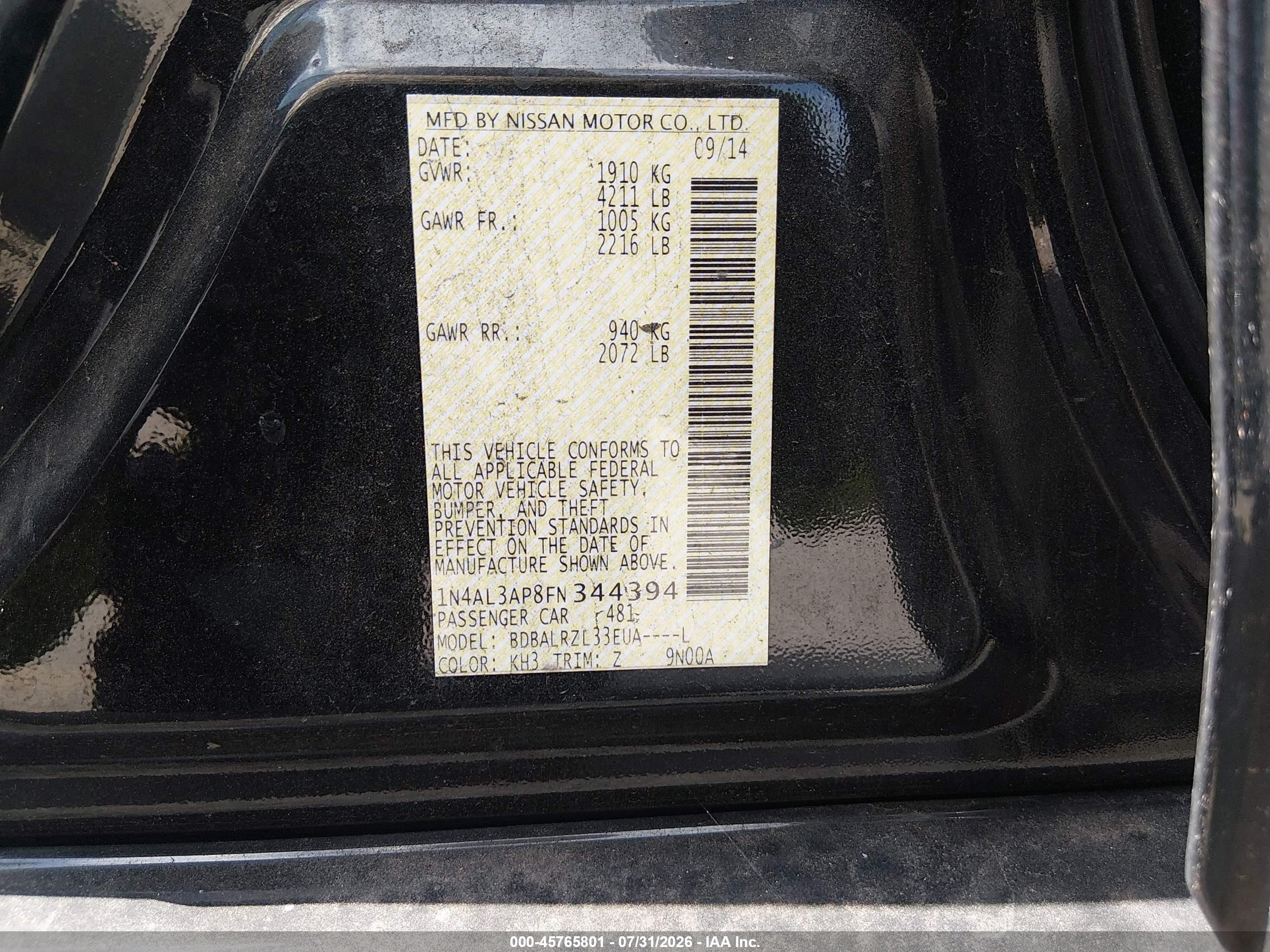 2015 Nissan Altima 2.5 Sl Black vin: 1N4AL3AP8FN344394