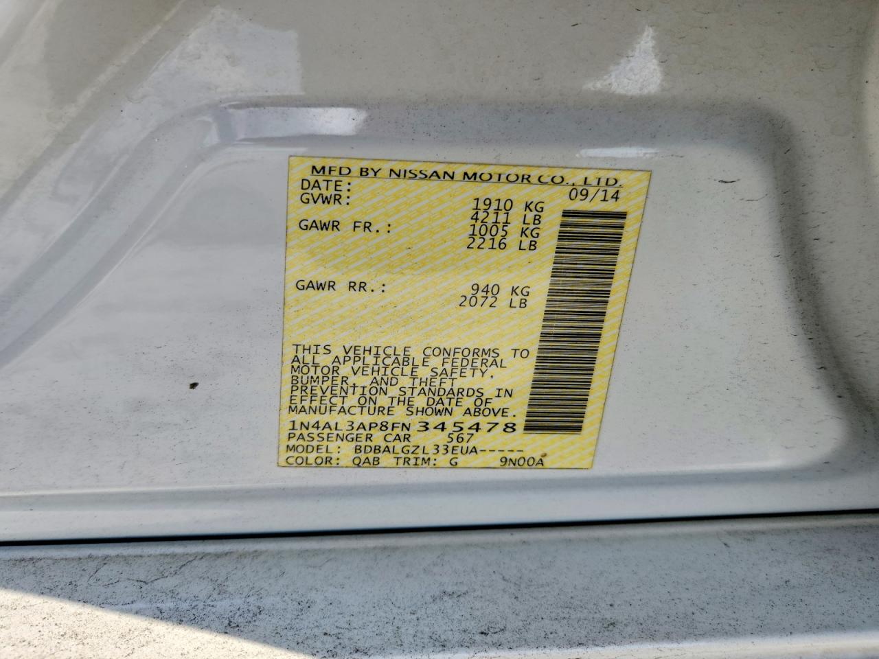 2015 Nissan Altima 2.5 S Белый vin: 1N4AL3AP8FN345478