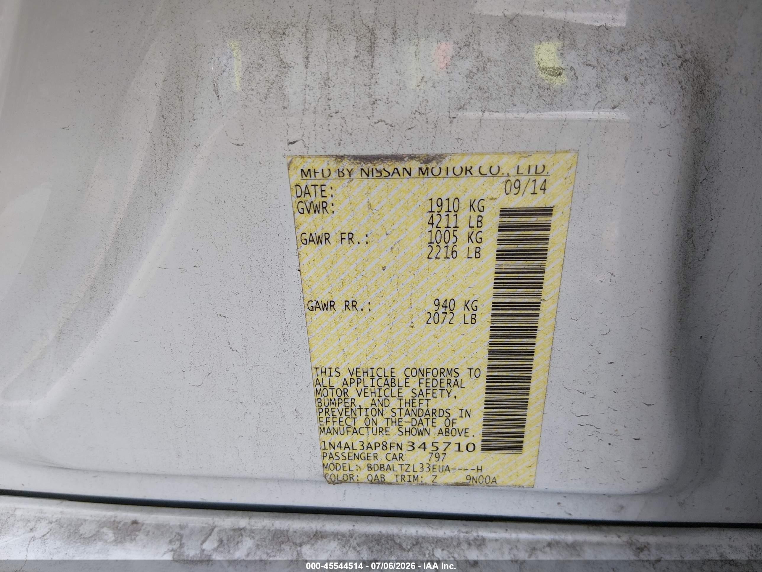 2015 Nissan Altima 2.5 Sl Белый vin: 1N4AL3AP8FN345710