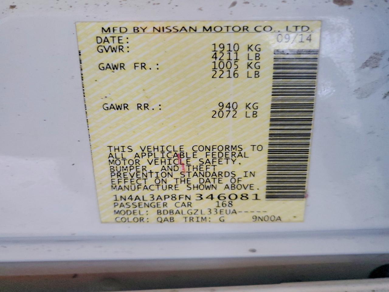 2015 Nissan Altima 2.5 S White vin: 1N4AL3AP8FN346081