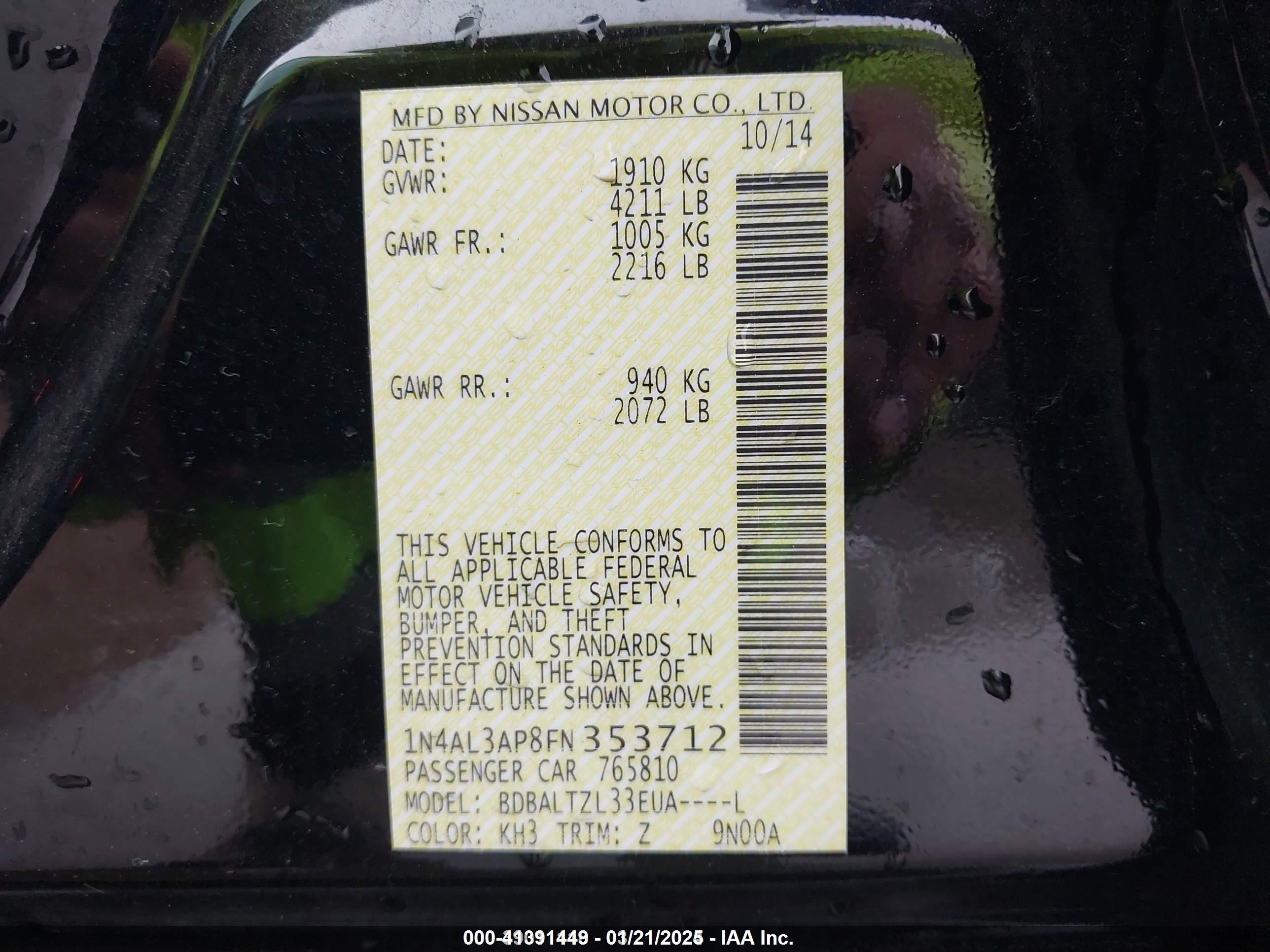 2015 Nissan Altima 2.5 Sl Black vin: 1N4AL3AP8FN353712