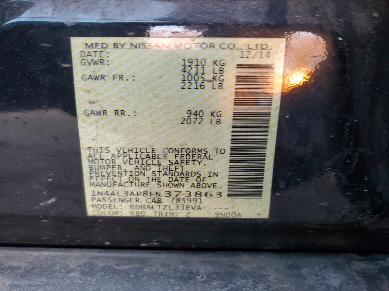 2015 Nissan Altima 2.5 Charcoal vin: 1N4AL3AP8FN373863
