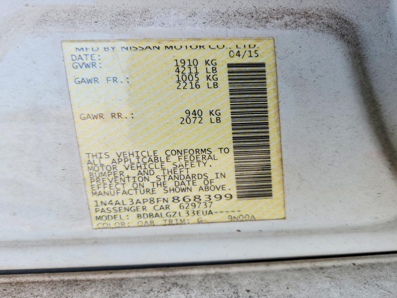 2015 Nissan Altima 2.5 S White vin: 1N4AL3AP8FN868399