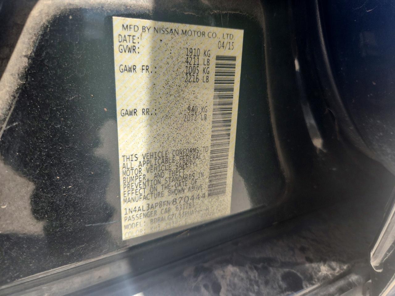 2015 Nissan Altima 2.5 S Black vin: 1N4AL3AP8FN870444