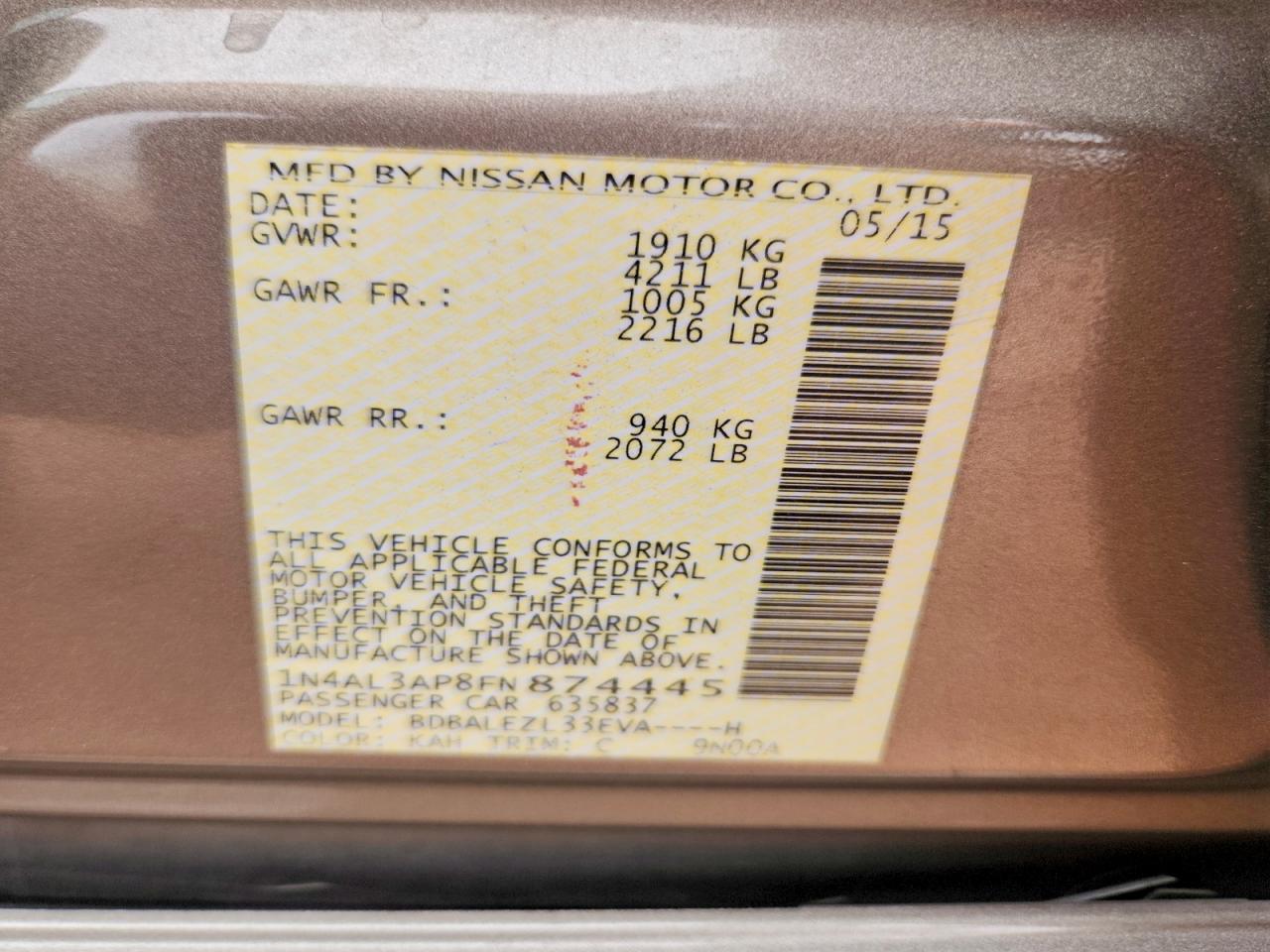 2015 Nissan Altima 2.5 S Cream vin: 1N4AL3AP8FN874445