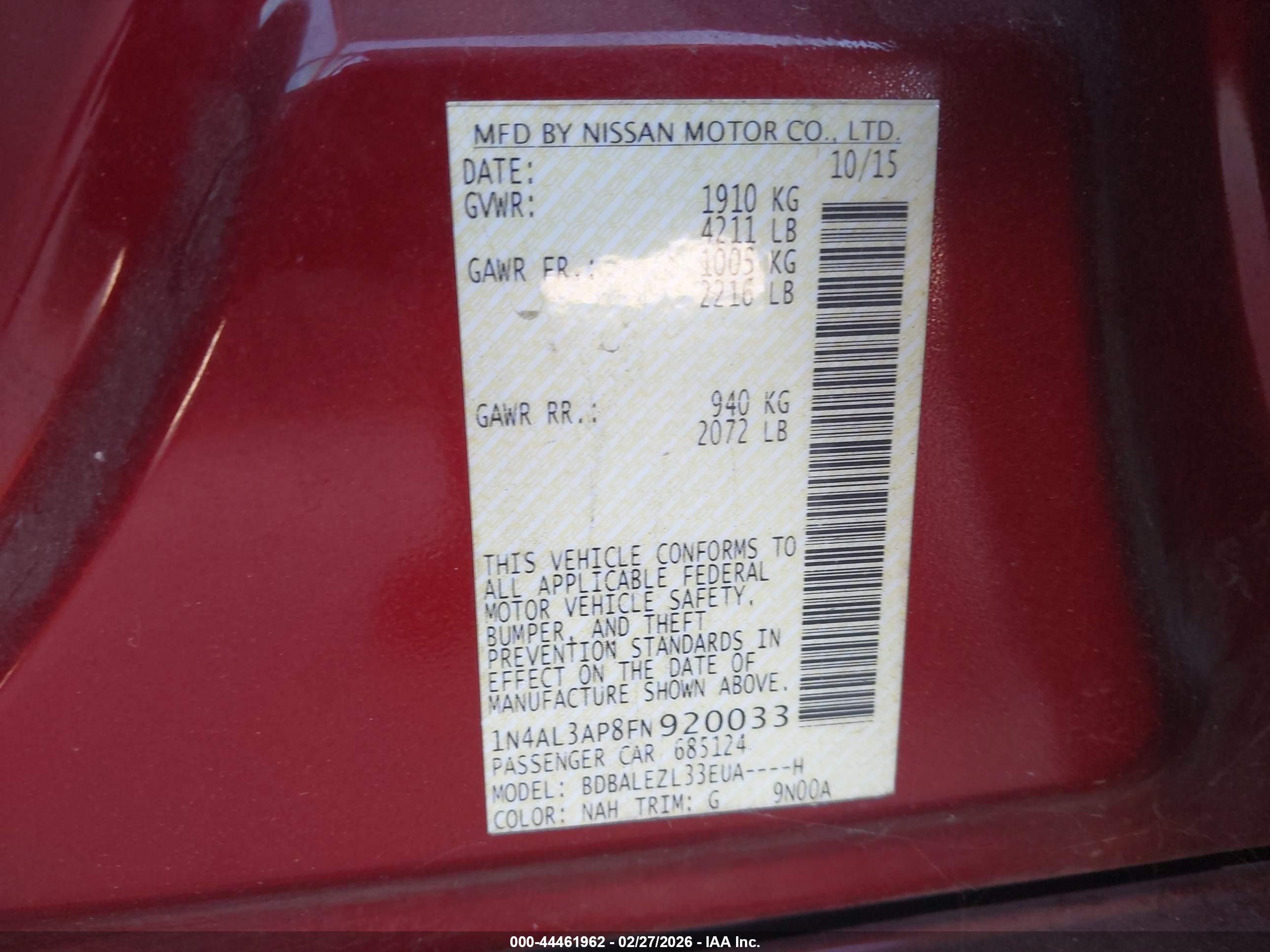 2015 Nissan Altima 2.5 S Red vin: 1N4AL3AP8FN920033