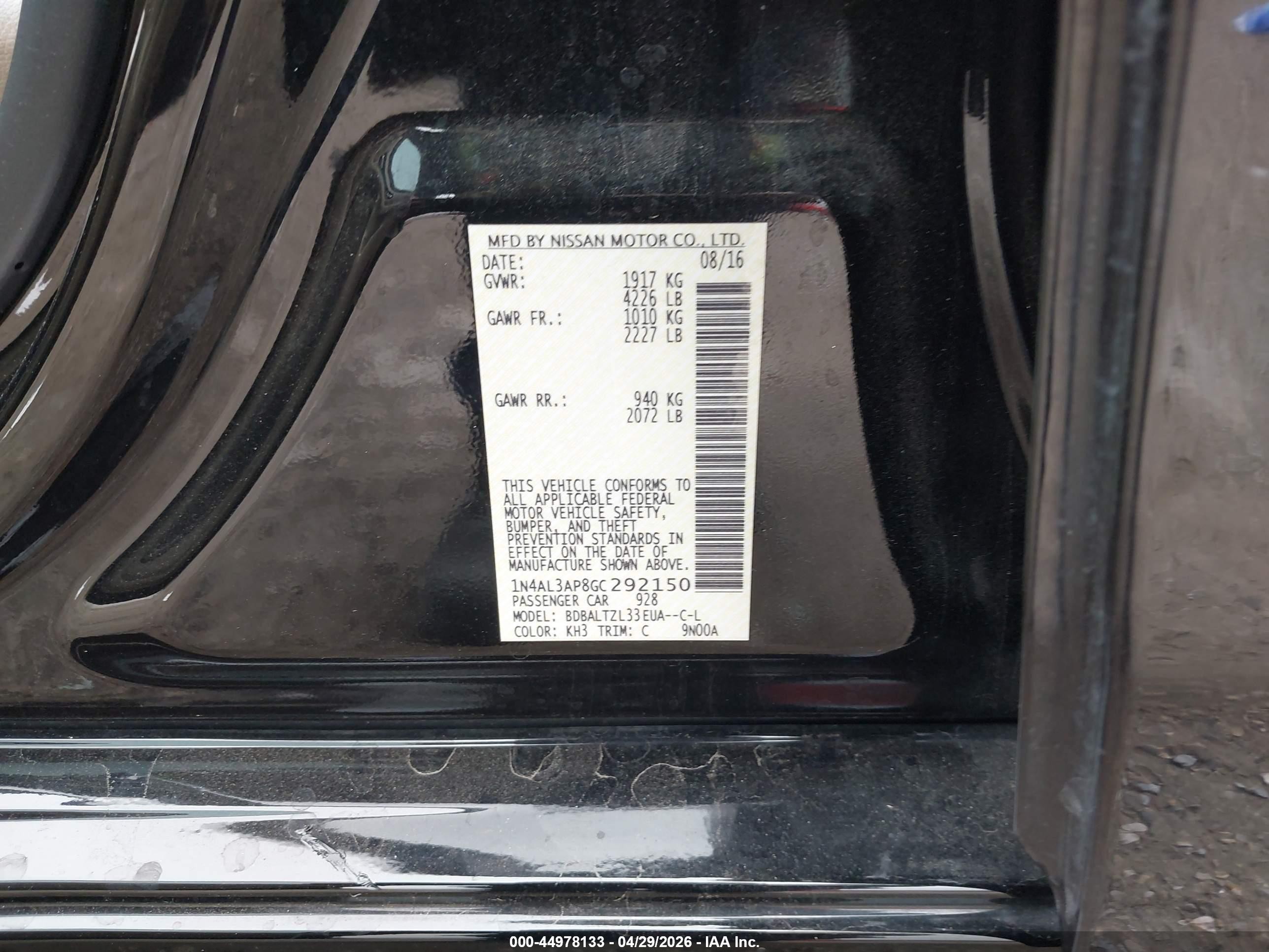 2016 Nissan Altima 2.5 Sl Black vin: 1N4AL3AP8GC292150