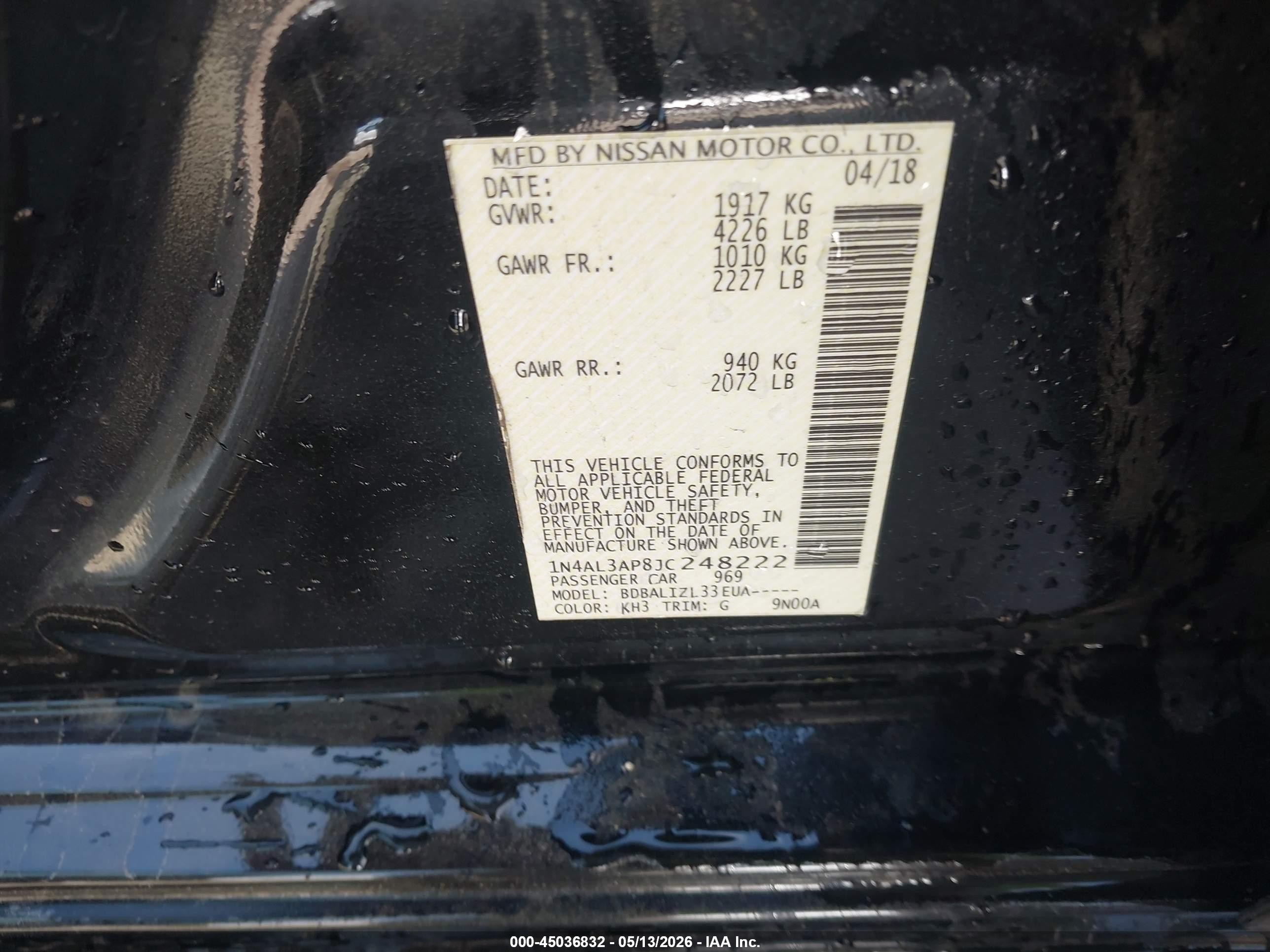 2018 Nissan Altima 2.5 Sv Black vin: 1N4AL3AP8JC248222