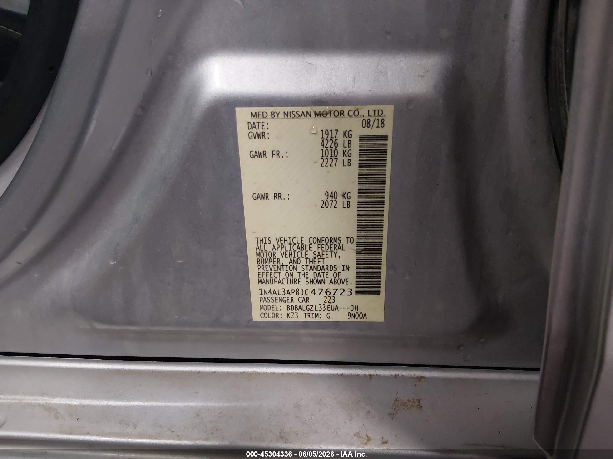 2018 Nissan Altima 2.5 S Gray vin: 1N4AL3AP8JC476723