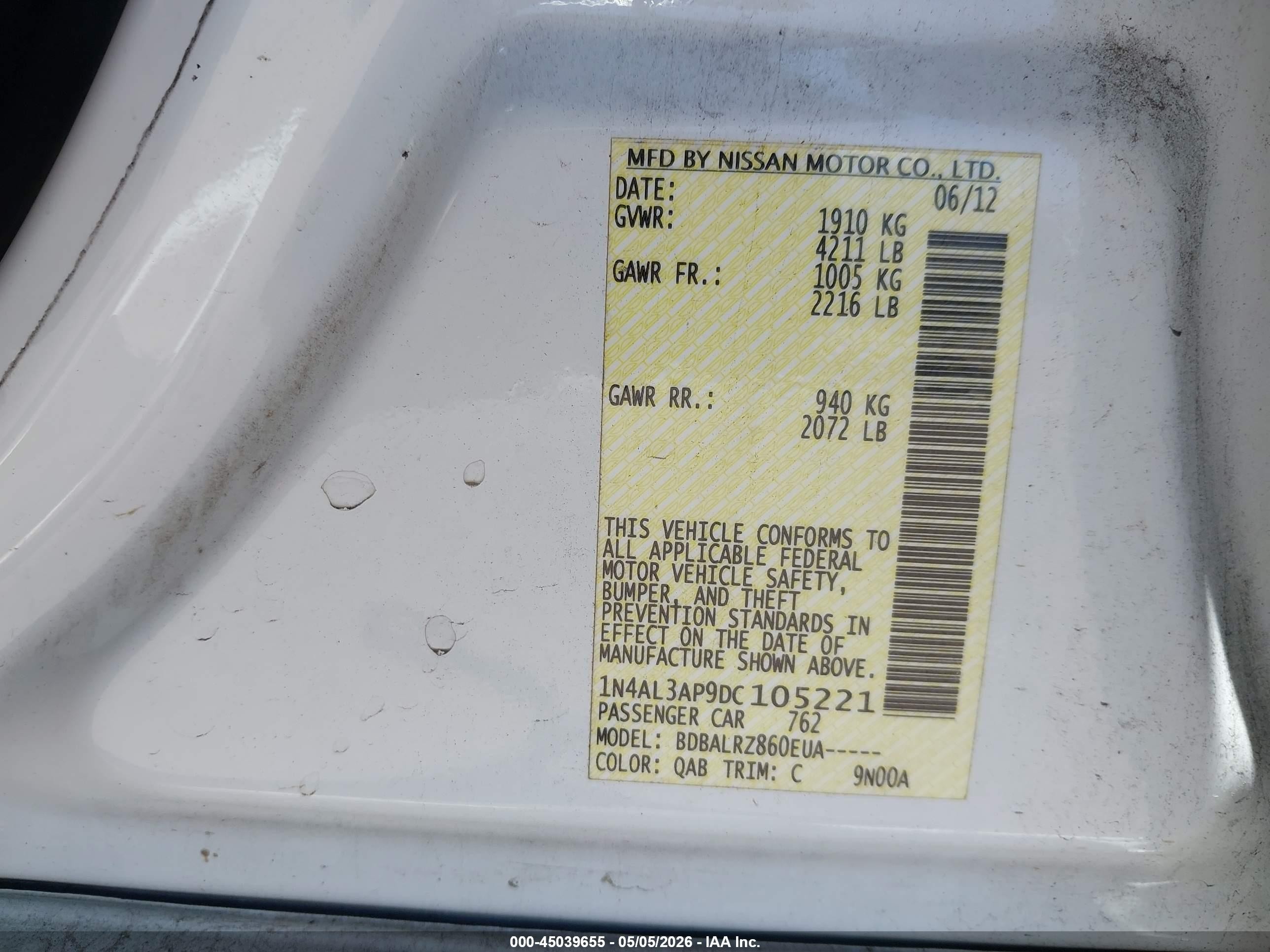 2013 Nissan Altima 2.5 S White vin: 1N4AL3AP9DC105221
