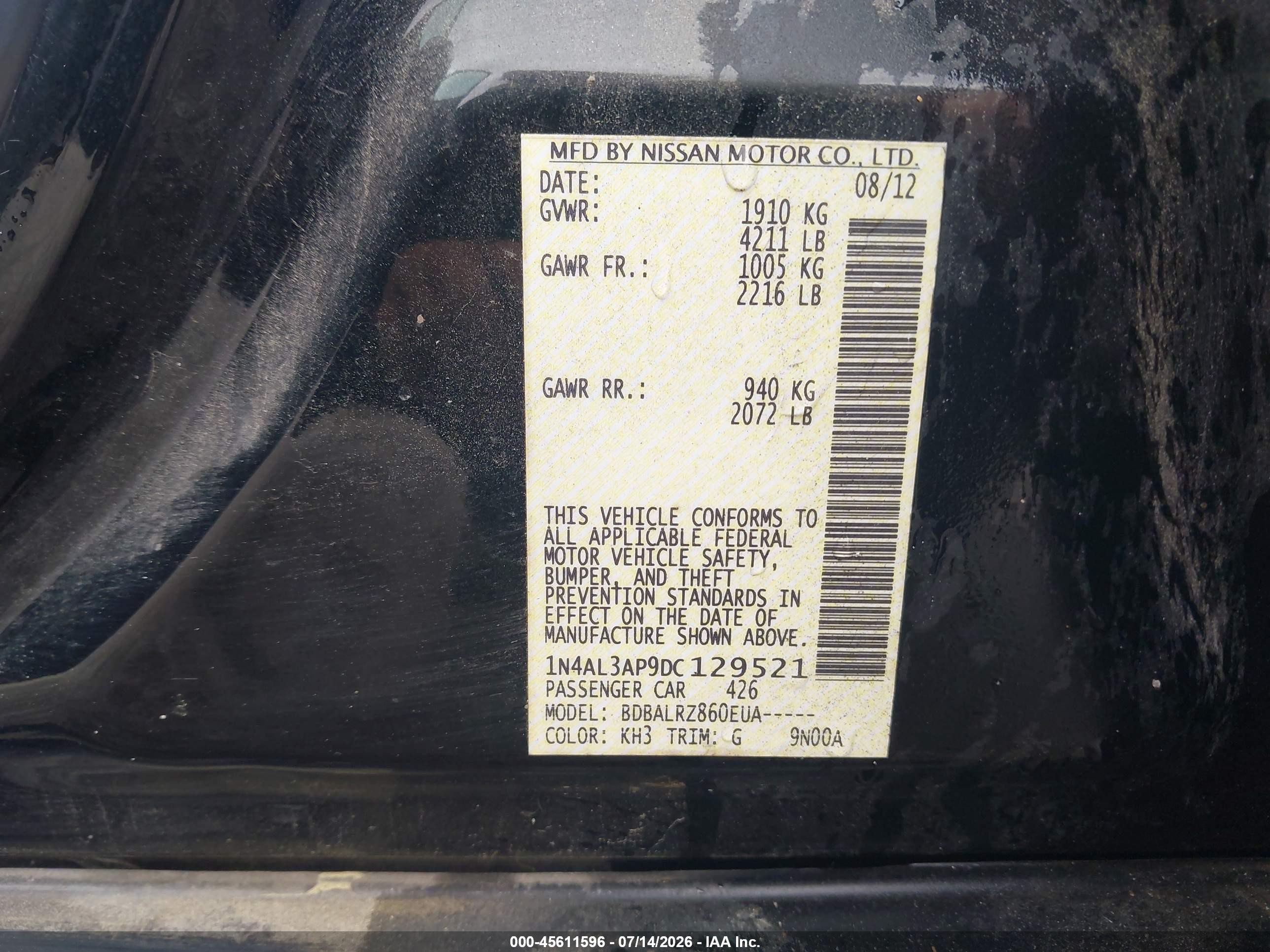 2013 Nissan Altima 2.5 S Black vin: 1N4AL3AP9DC129521